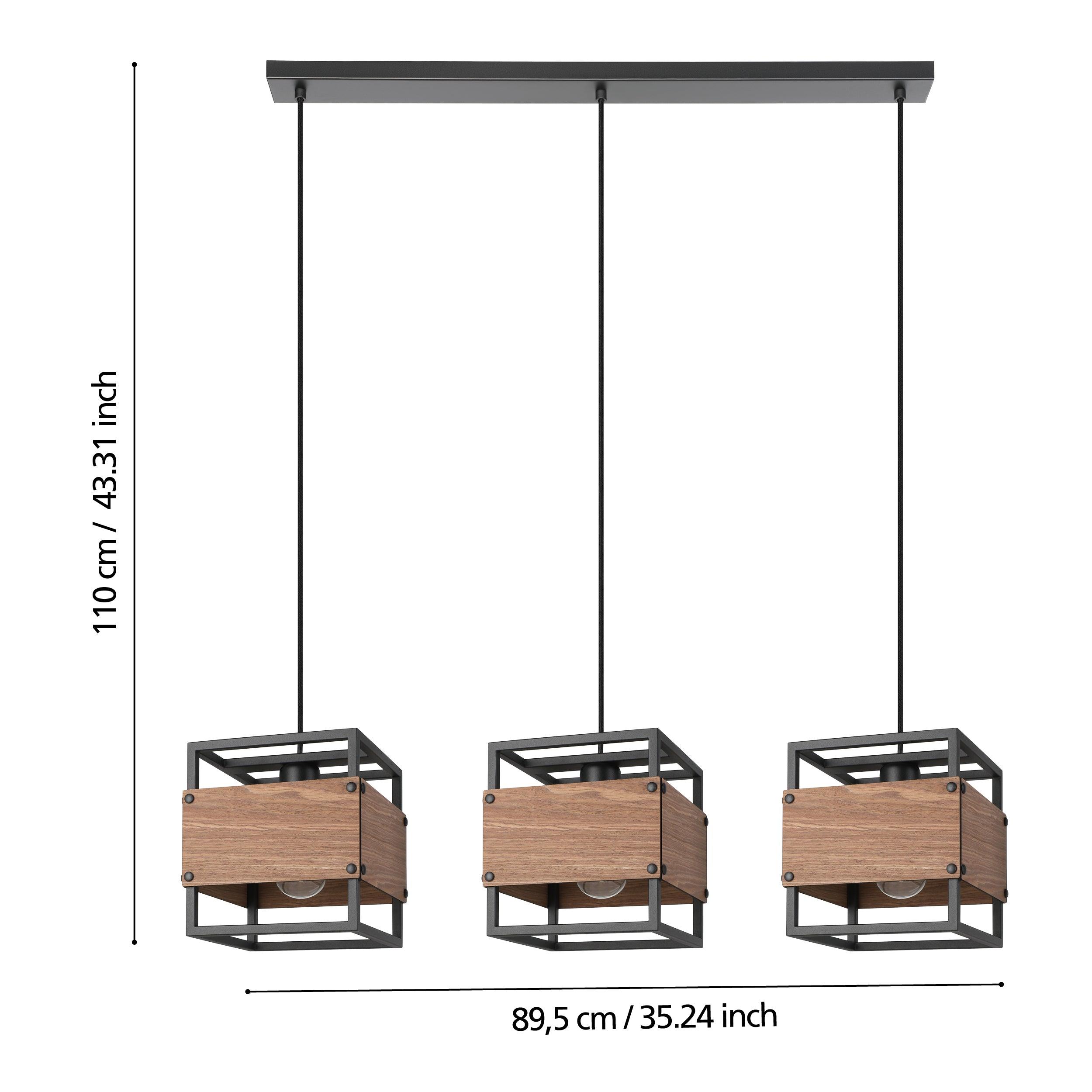 eglo evesham 3 light black metal wood ceiling pendant living room close up
