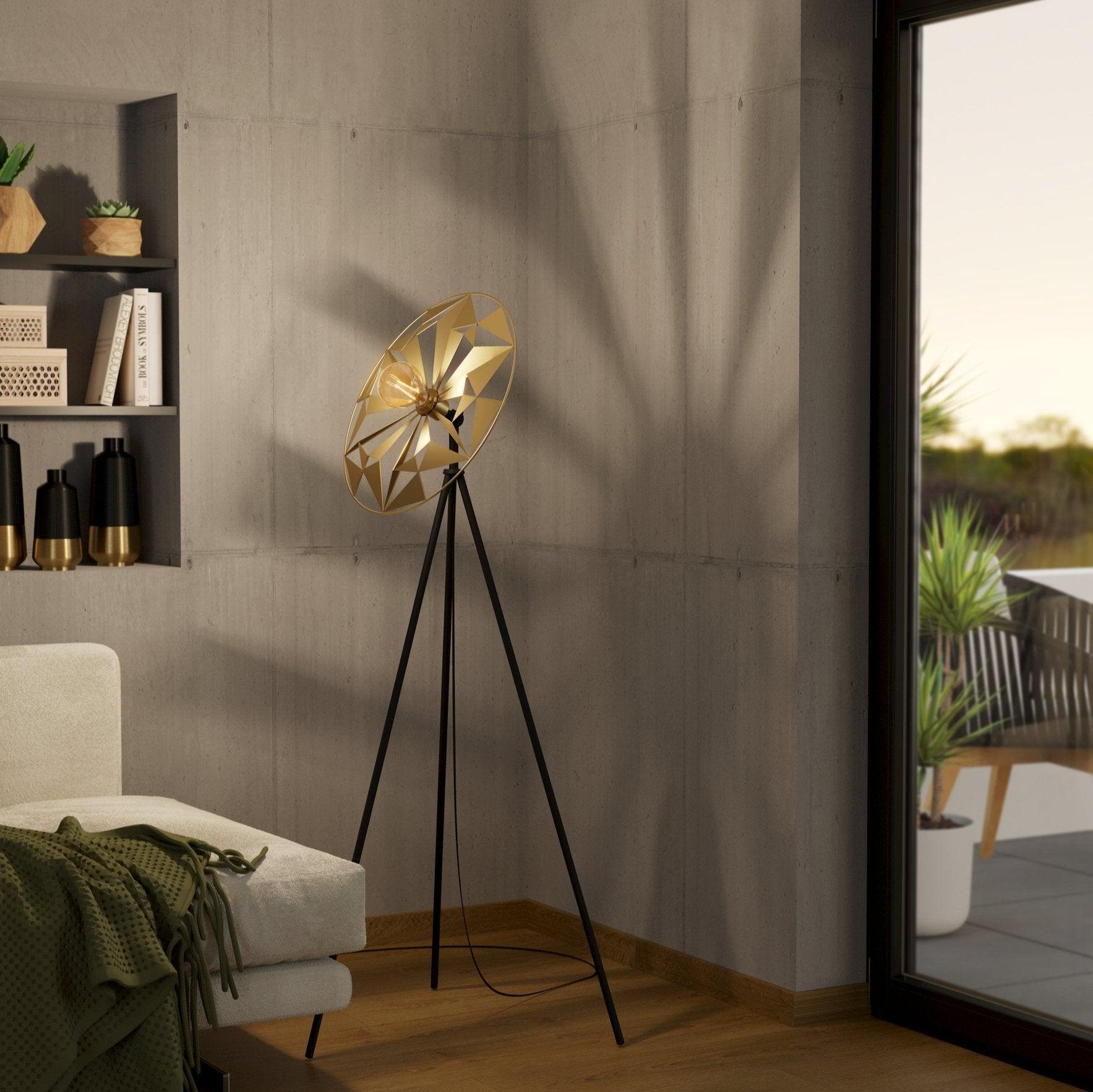 eglo castanuelo black tripod floor lamp gold geometric lampshade