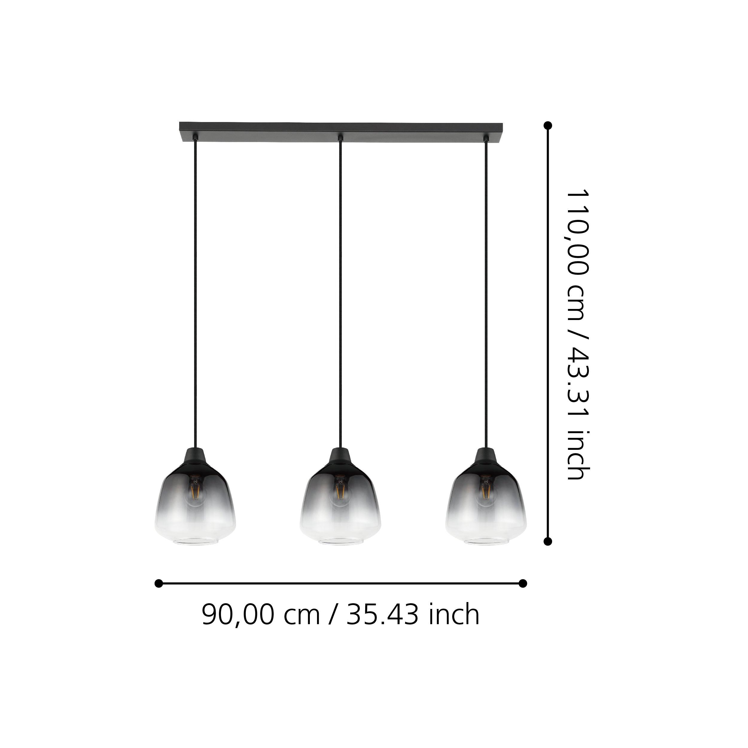 eglo sedbergh 3 light black grey glass ceiling pendant living room close up