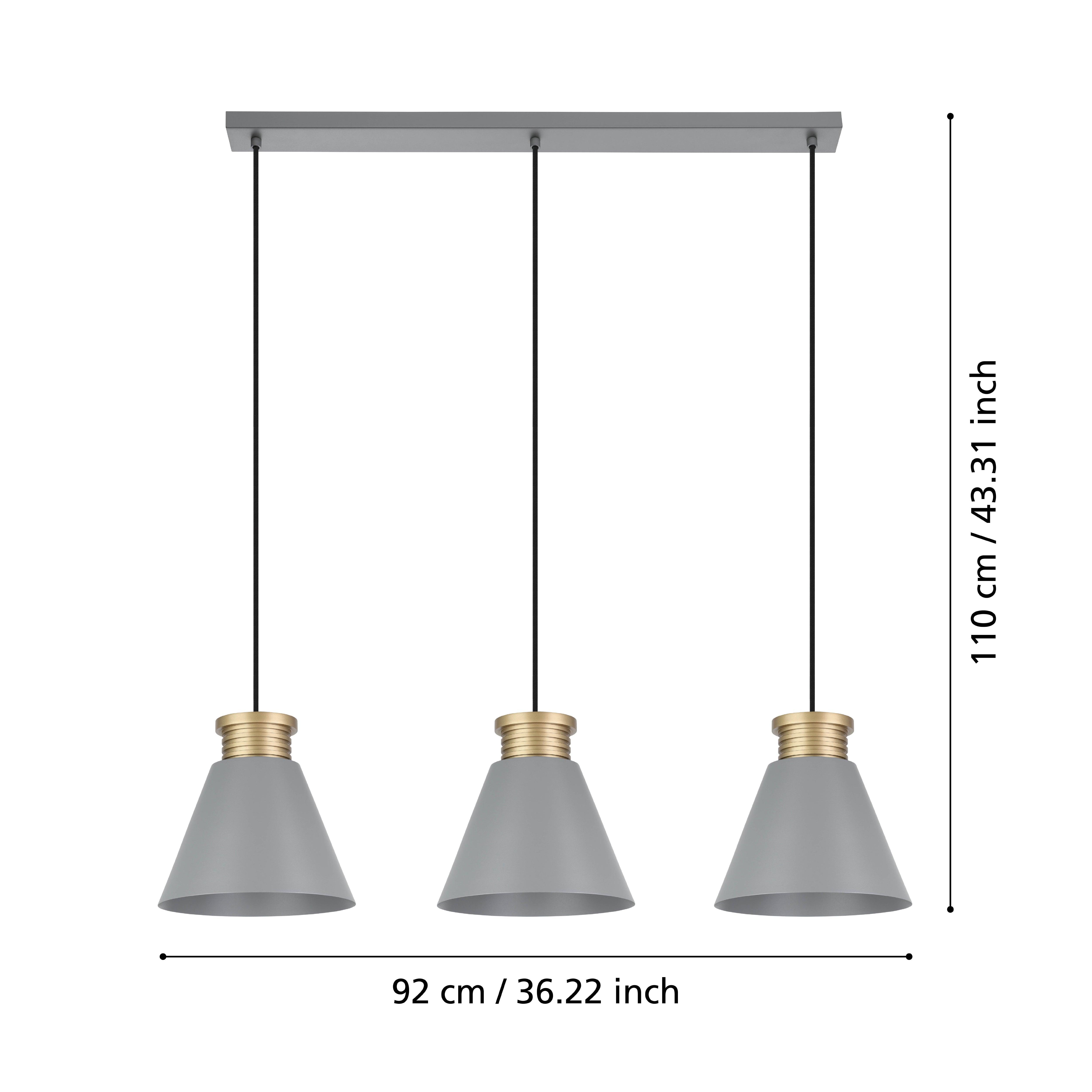 eglo twicken 3 light grey metal gold ceiling pendant living room close up