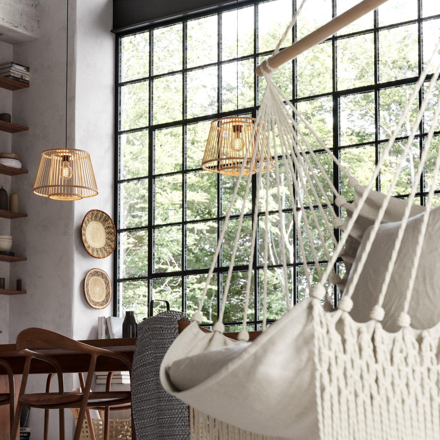 eglo hykeham bamboo lamp shade ceiling pendant living room close up