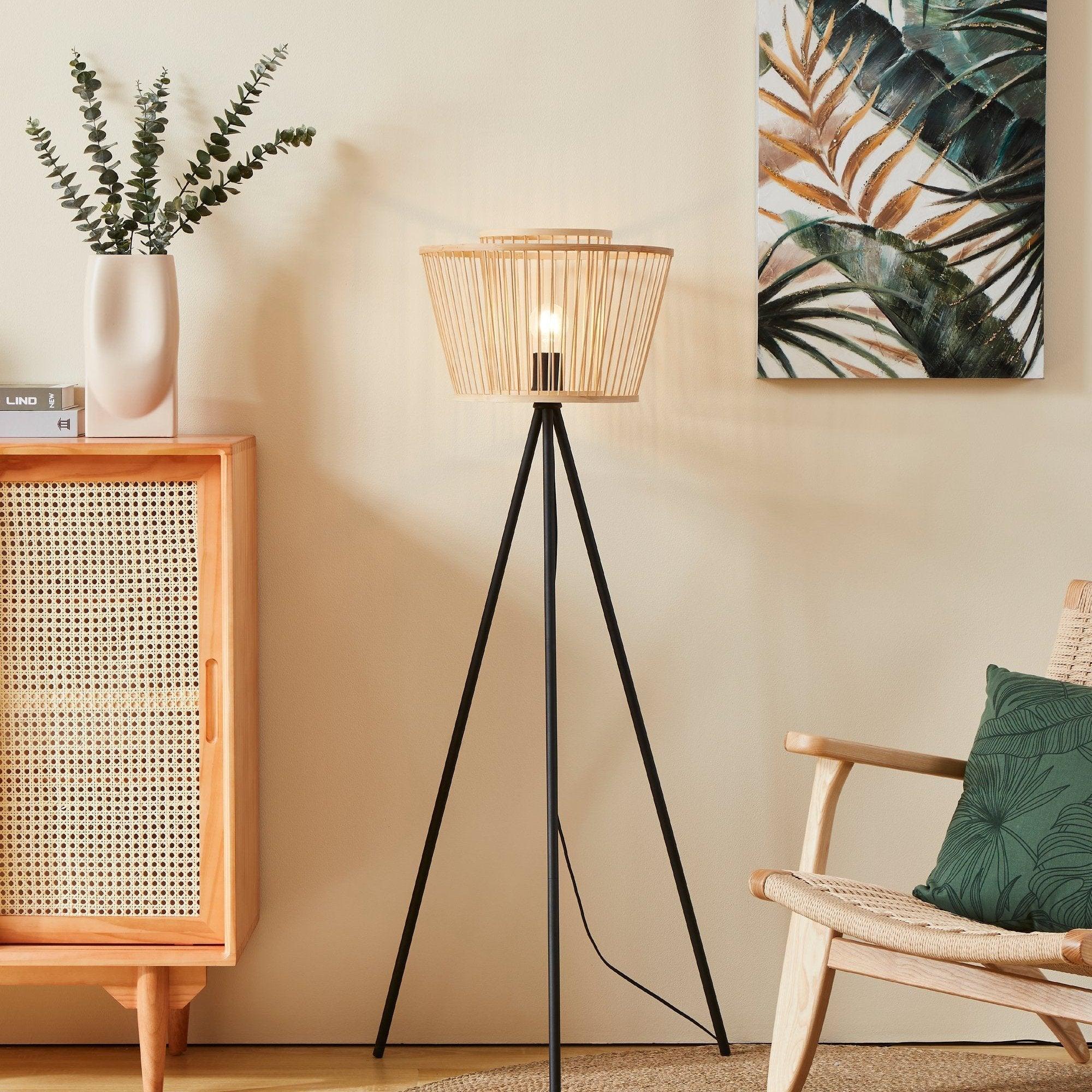 eglo hykeham black tripod floor lamp with bamboo shade