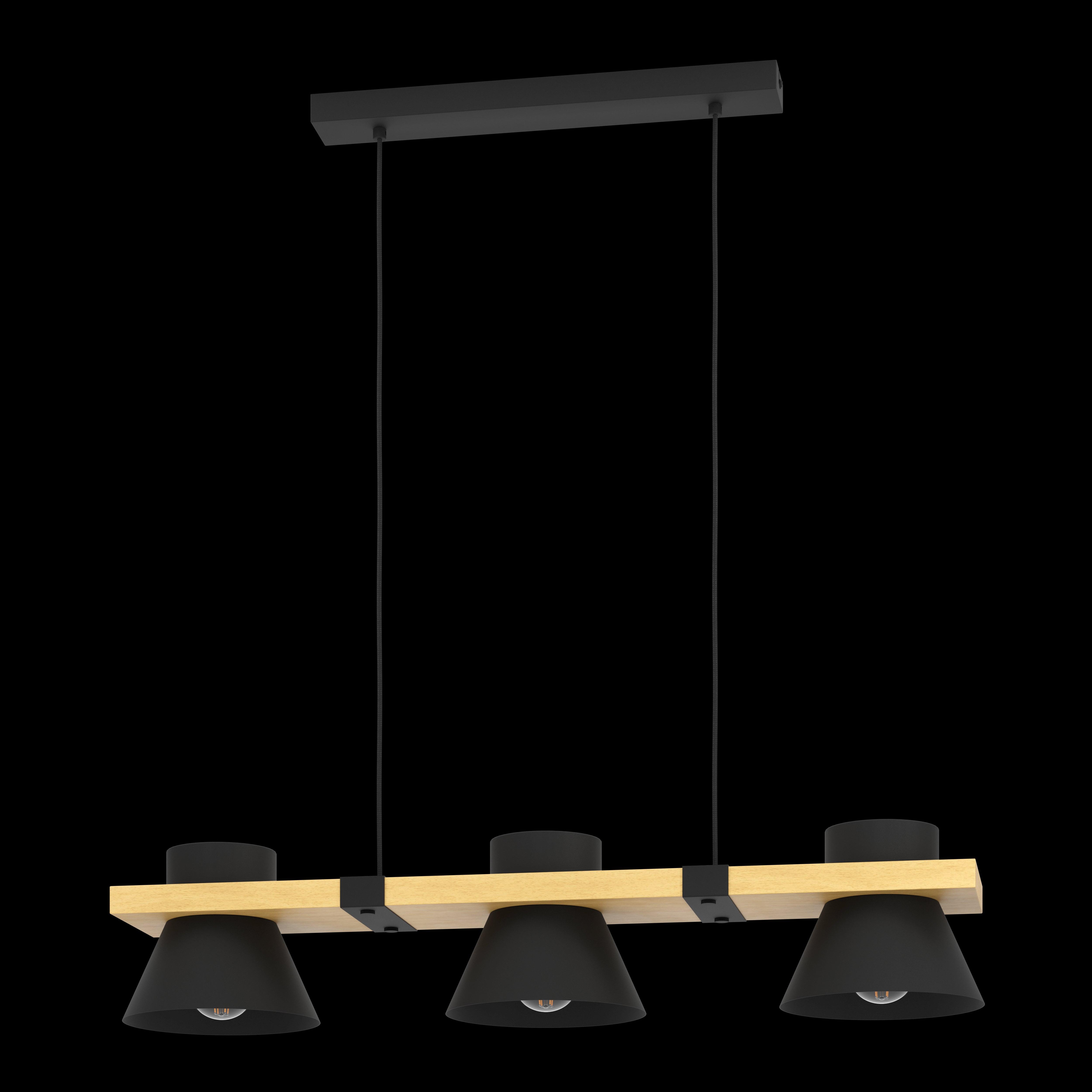 eglo maccles 3 light black and wooden plate ceiling pendant living room close up