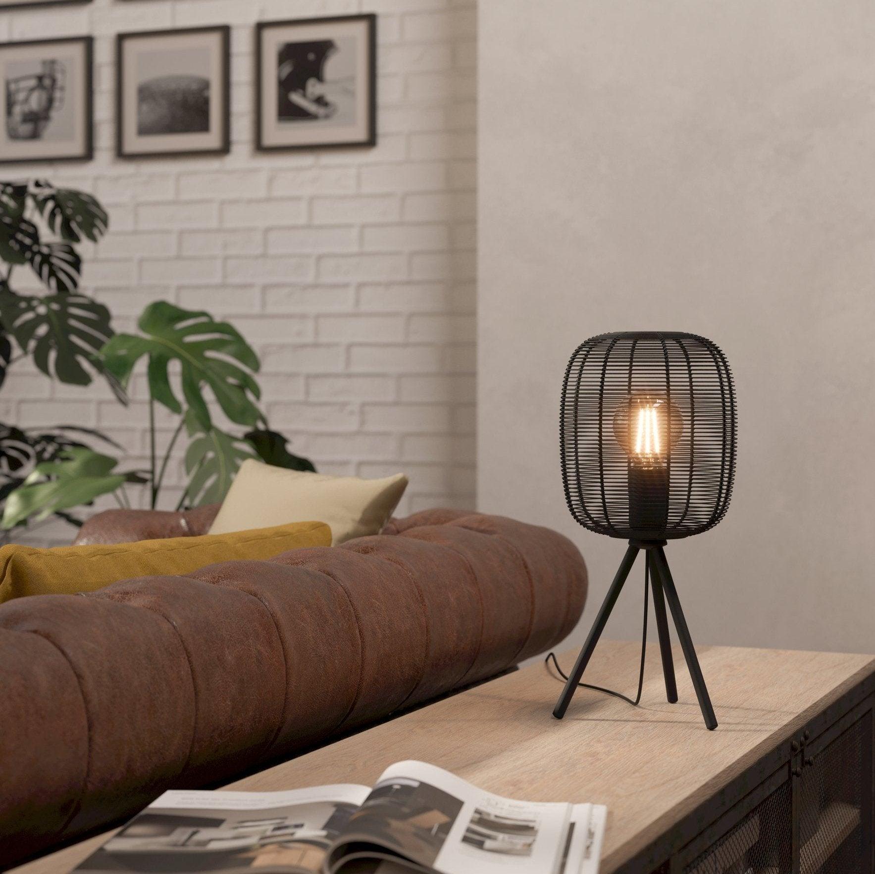 eglo rinroe wire caged black metal tripod table lamp