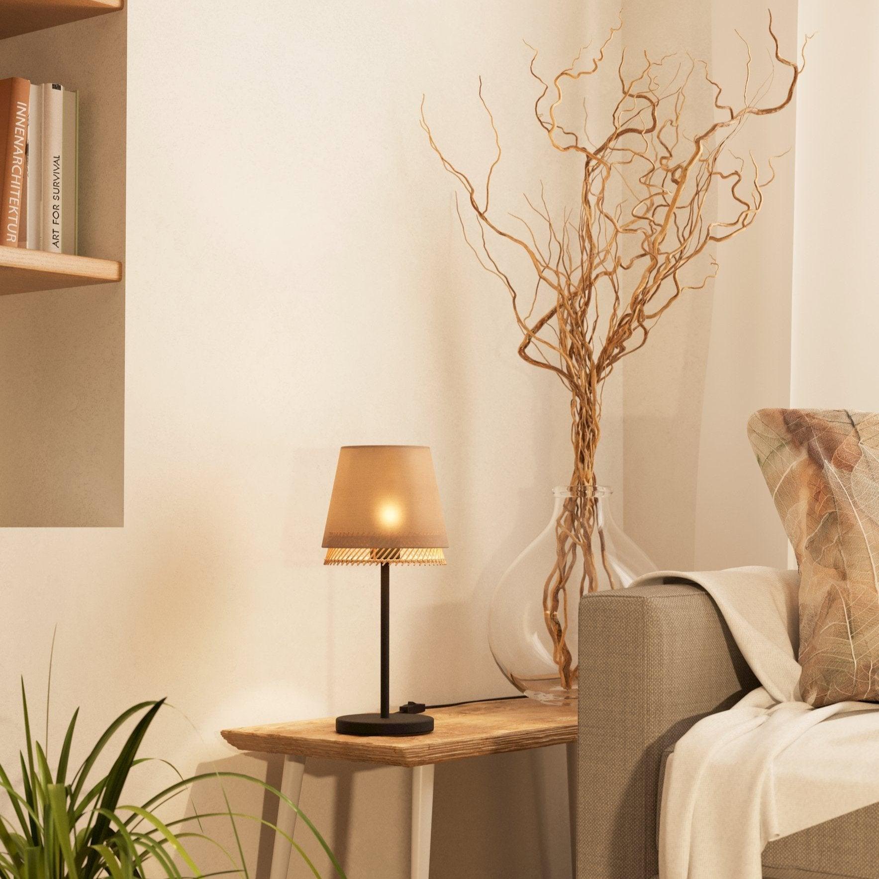eglo tabley black metal table lamp fabric wood shade