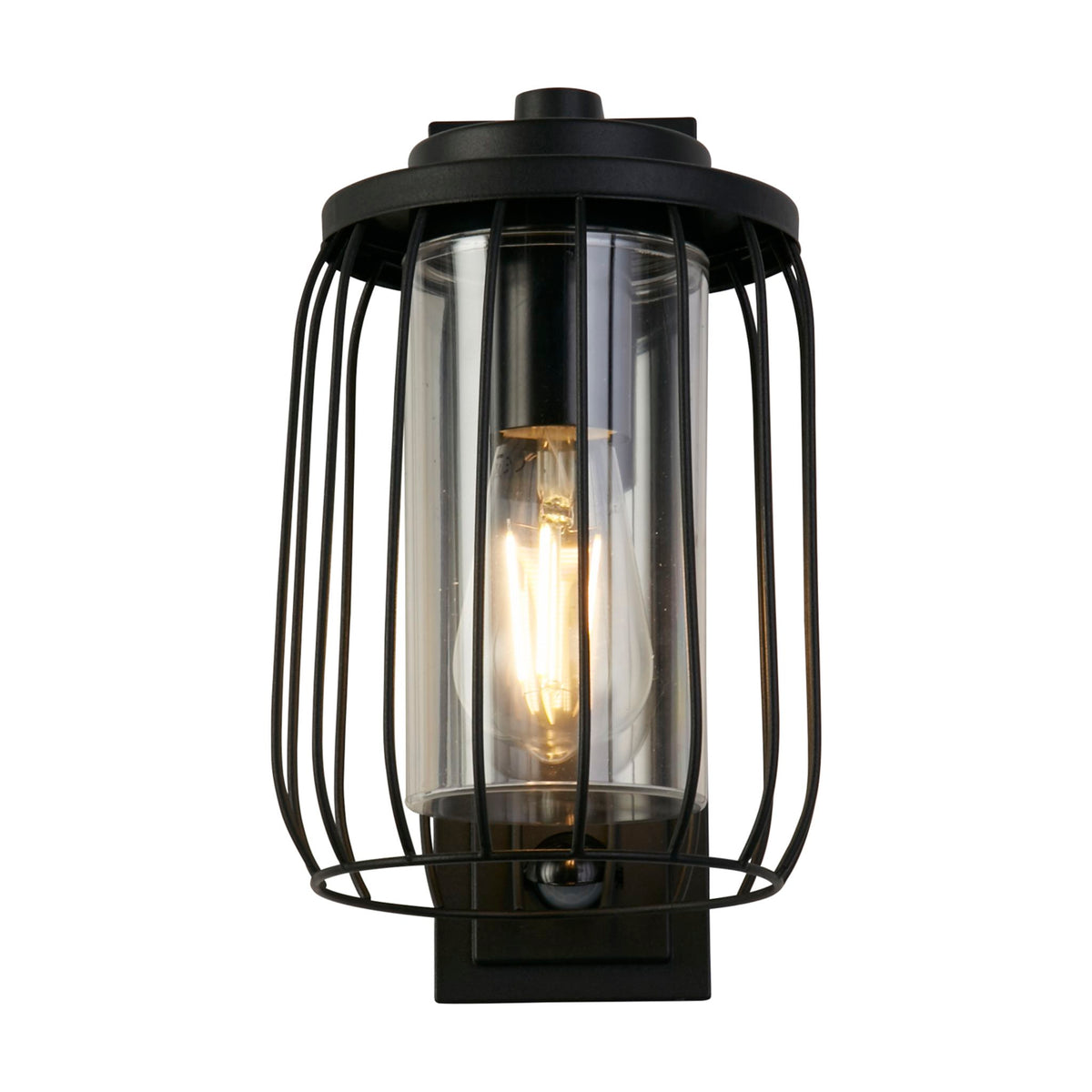 Reed outdoor black PIR wall light lit with a caged clear glass cylinder and filament bulb