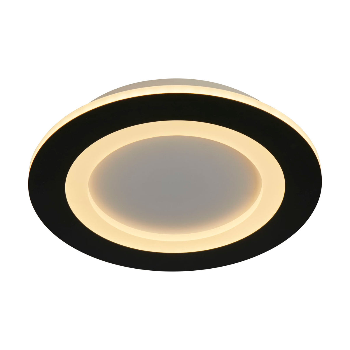Ringo matt black ceiling light with a wide glowing colour-changing LED disc