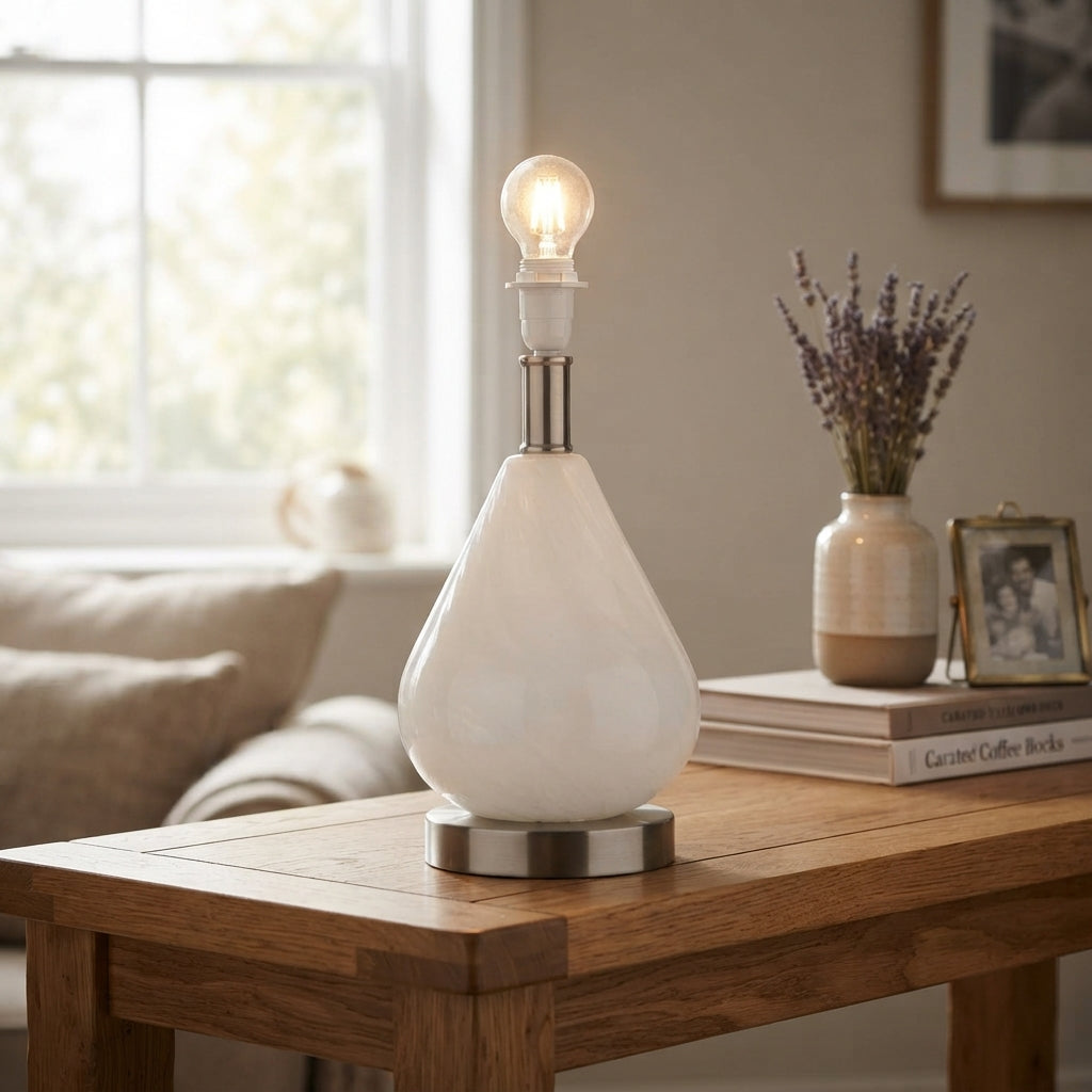 Oaks Lighting Salso Glass White Touch Switch Table Lamp by Oaks Lighting — suits living rooms, bedrooms & offices