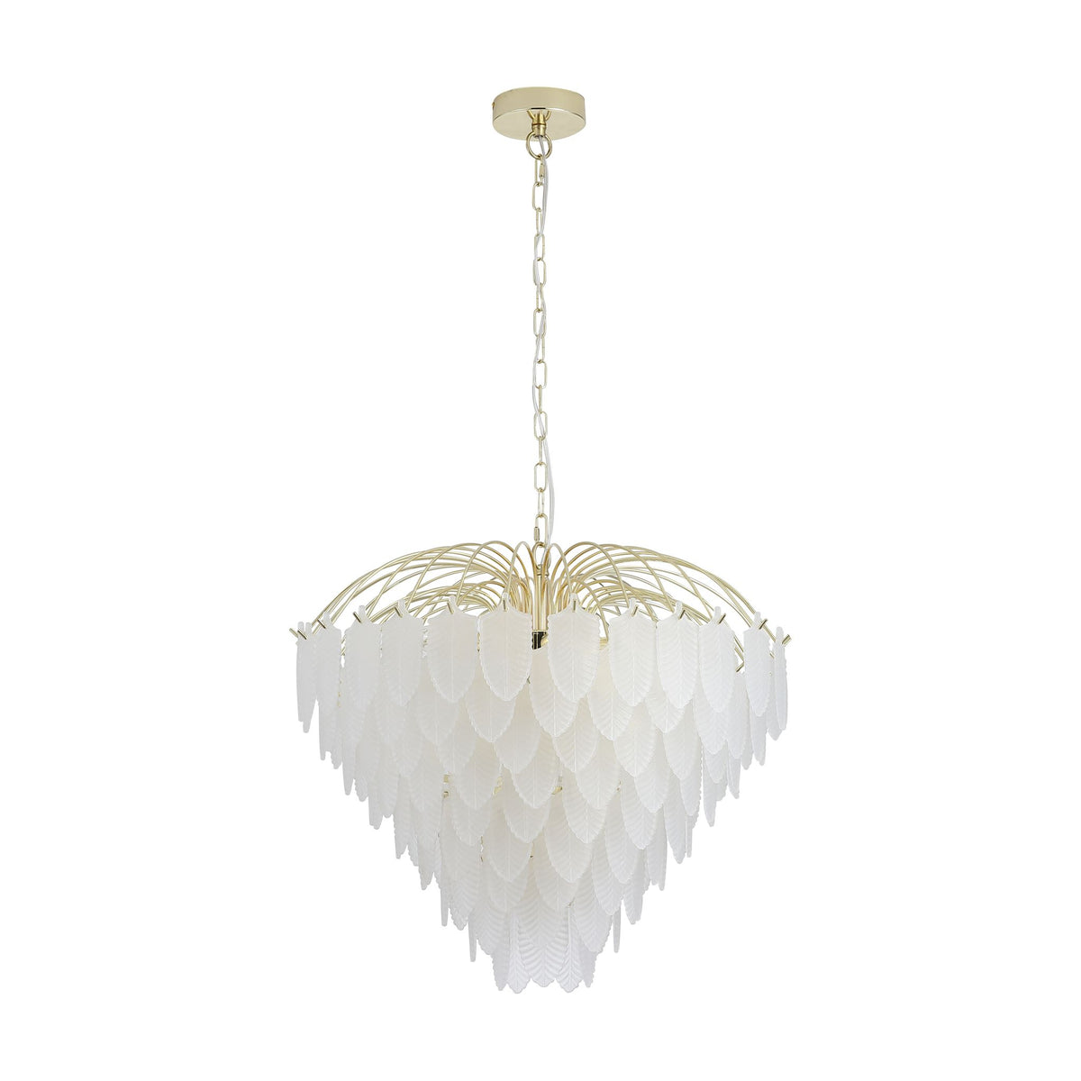 Feather polished brass chandelier unlit on a white studio background with layered frosted glass leaves