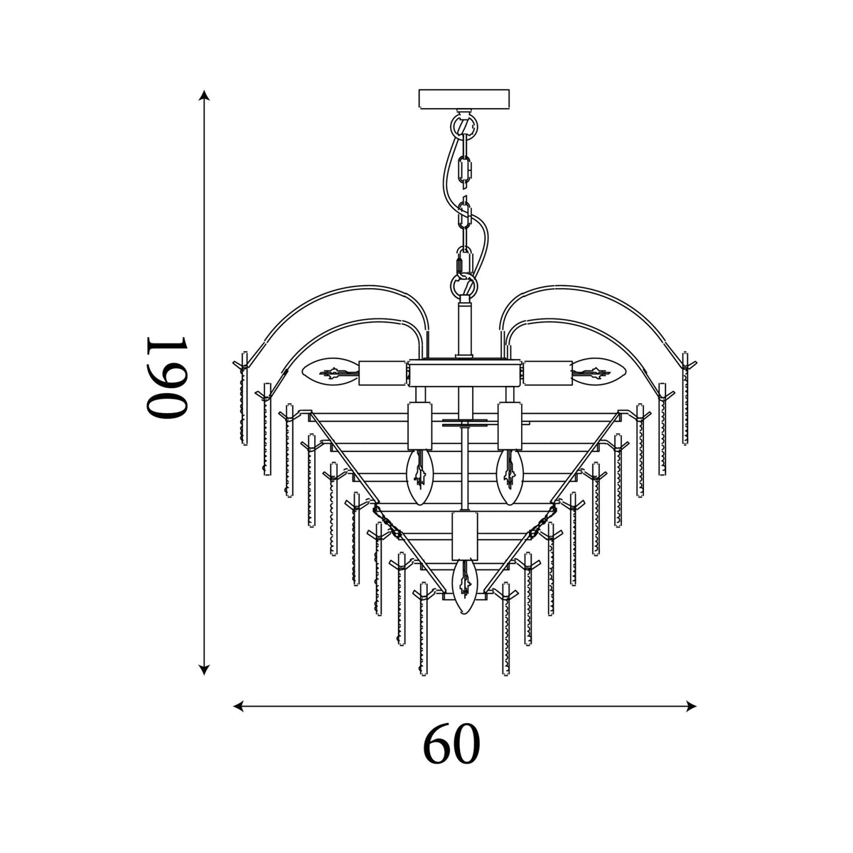 Dimension diagram of the Feather, Polished Brass, Chandelier - Frosted Glass with height and width in cm.