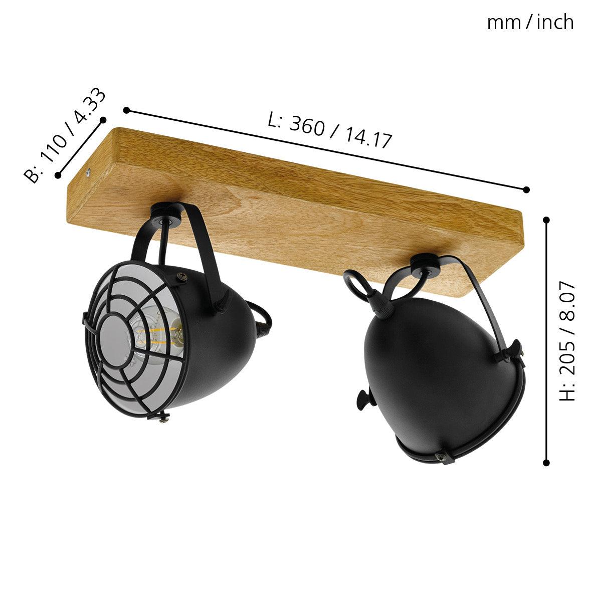 eglo gatebeck wood black 2 light bar spotlight living room close up