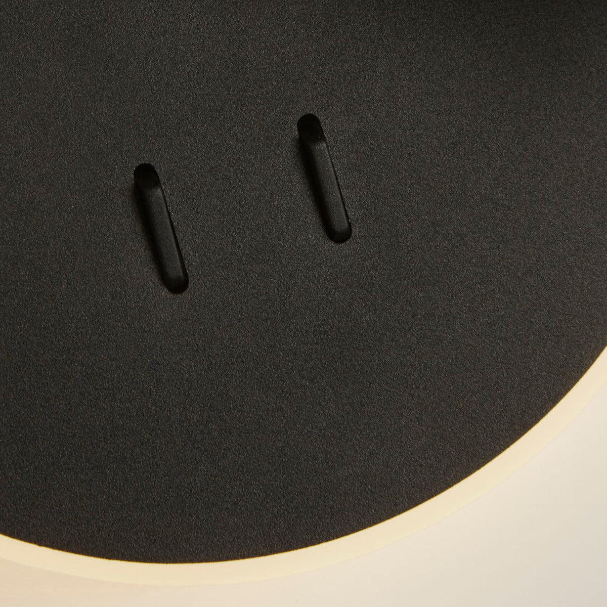 Close-up of Cher wall light's twin rocker switches on a textured black round backplate