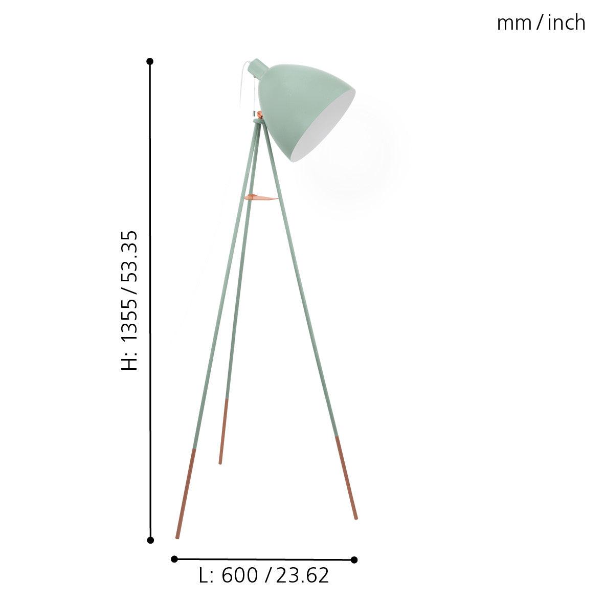 eglo dundee mint green copper tripod floor lamp living room close up