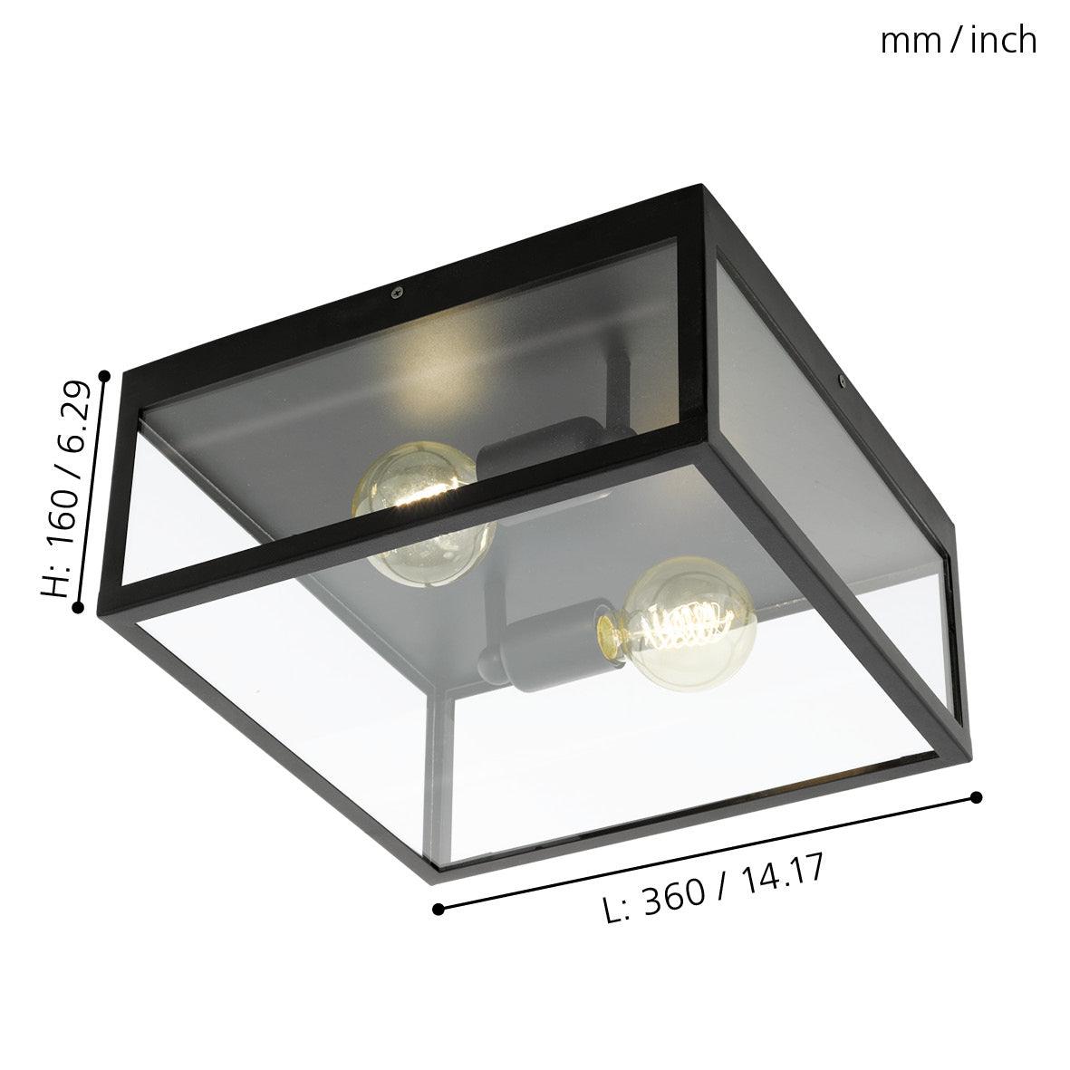 eglo charterhouse flush square glass 2 light black framed ceiling light living room close up