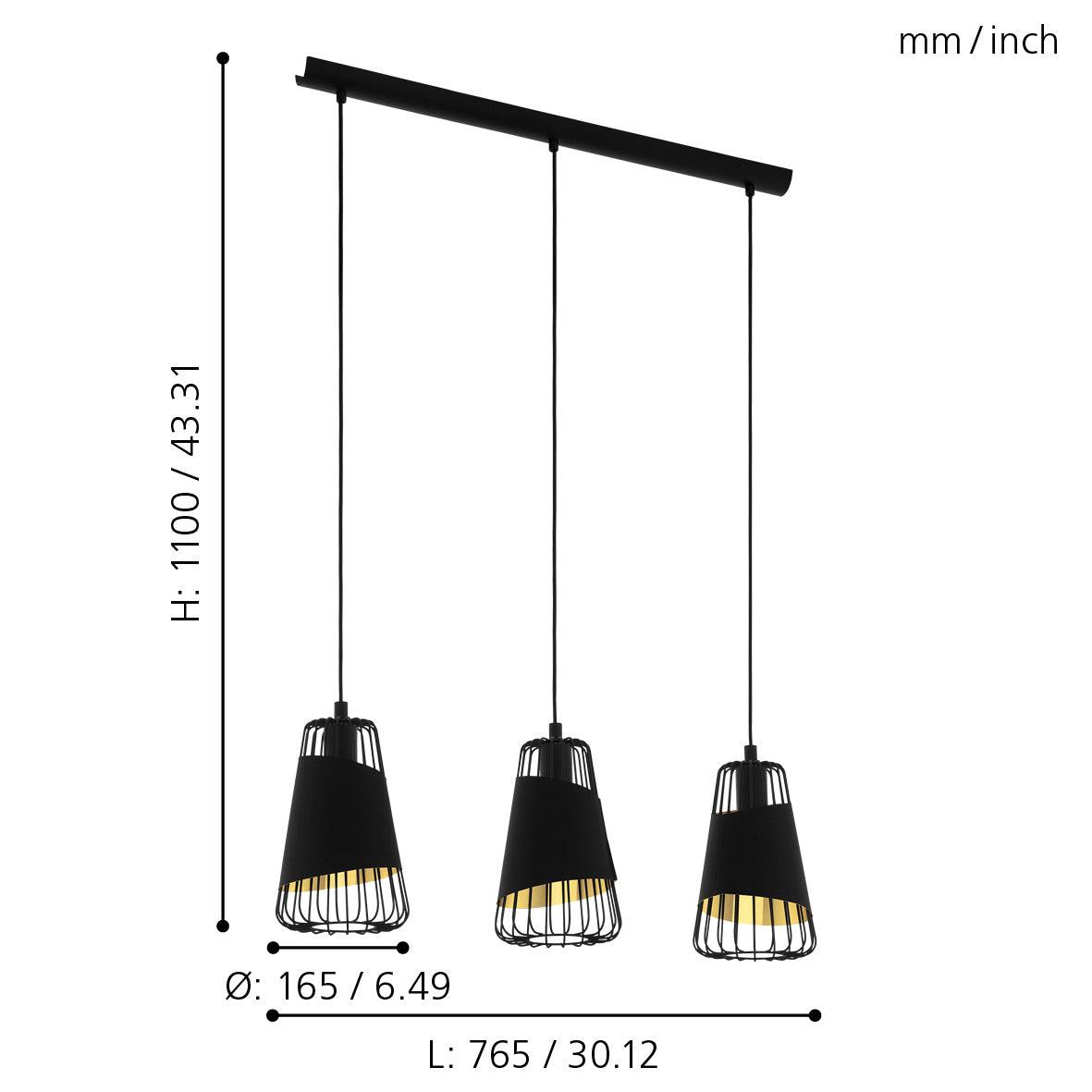 eglo austell 3 light black gold wire framed ceiling pendant living room close up