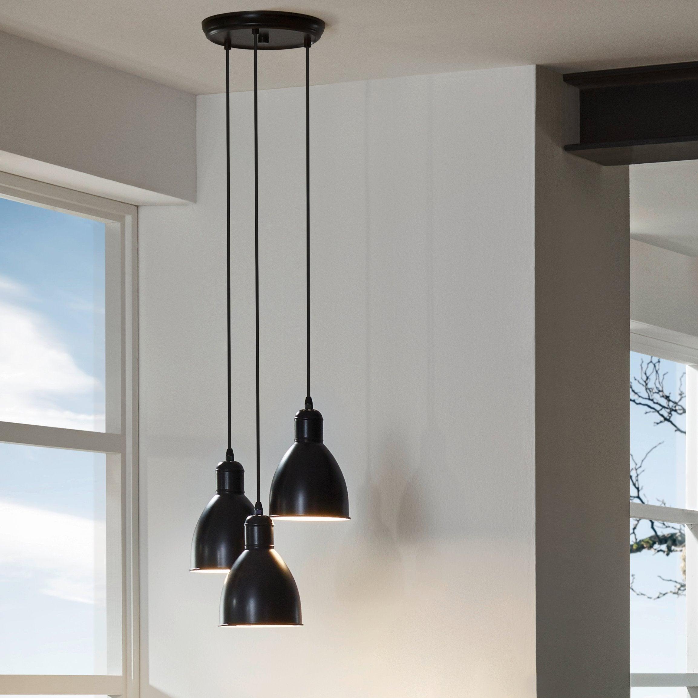 eglo priddy 3 light black metal industrial shaded ceiling pendant living room image