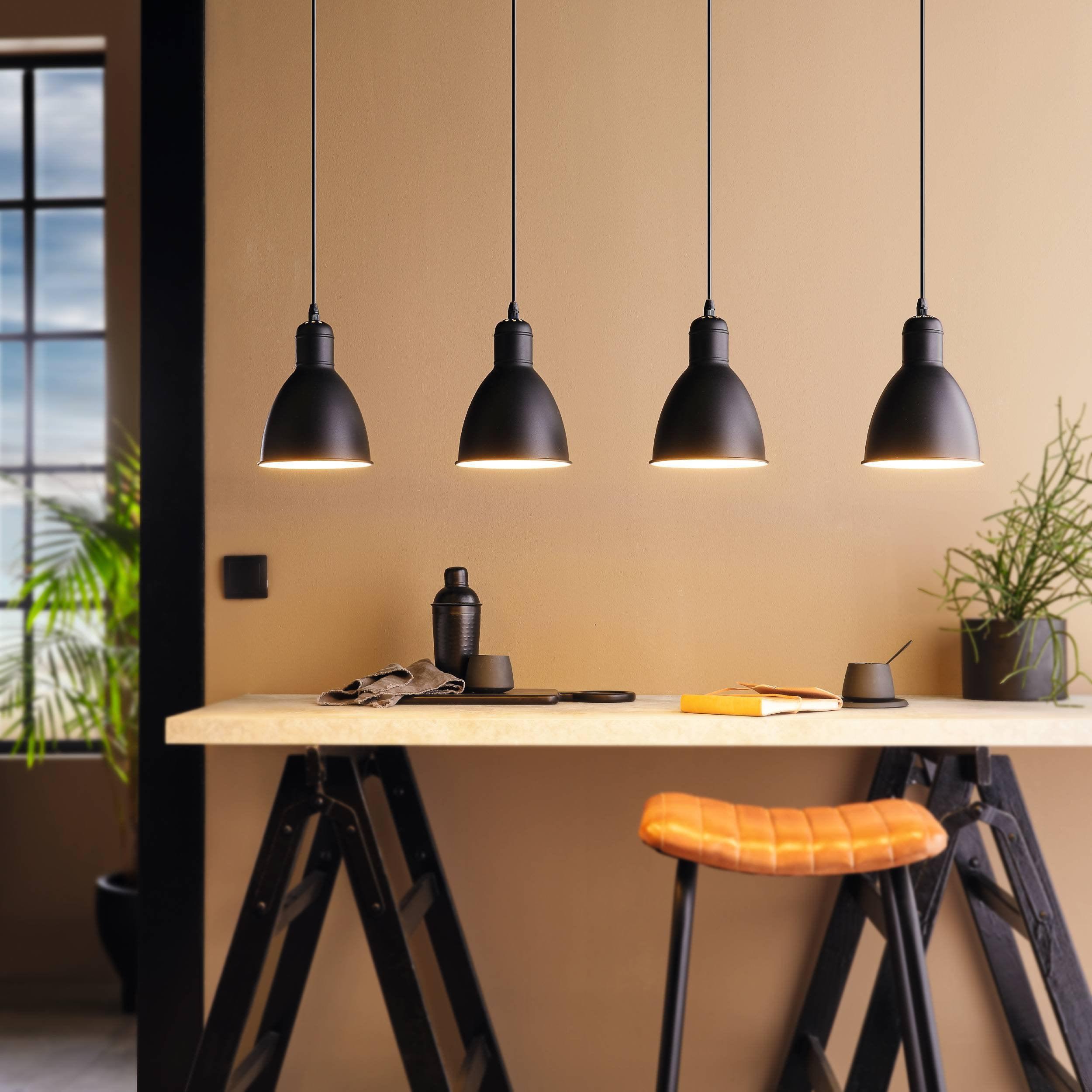 eglo priddy 4 light black metal industrial shaded ceiling pendant living room image