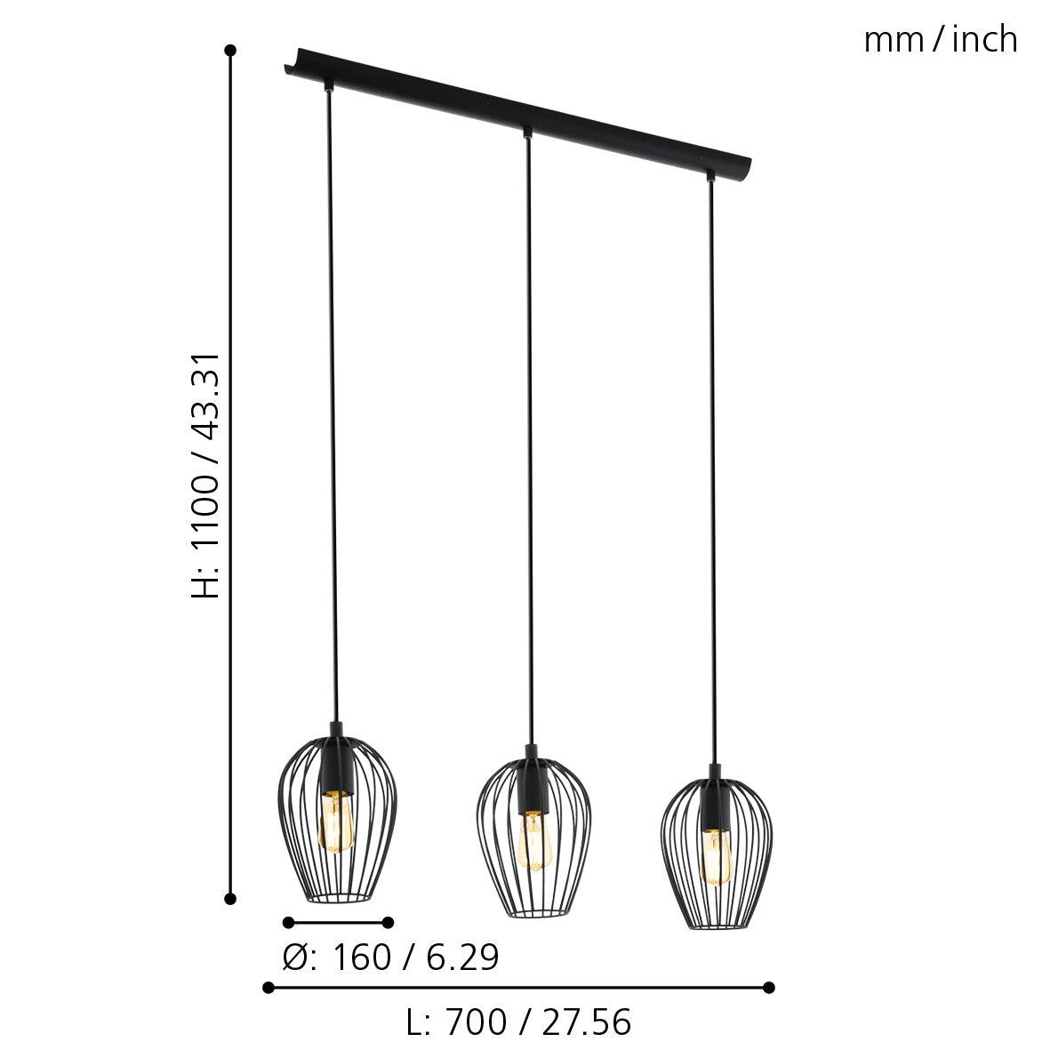 Eglo Newtown 3 Light Black Wire Oval Shade Bar Ceiling Pendant-warehouse-40