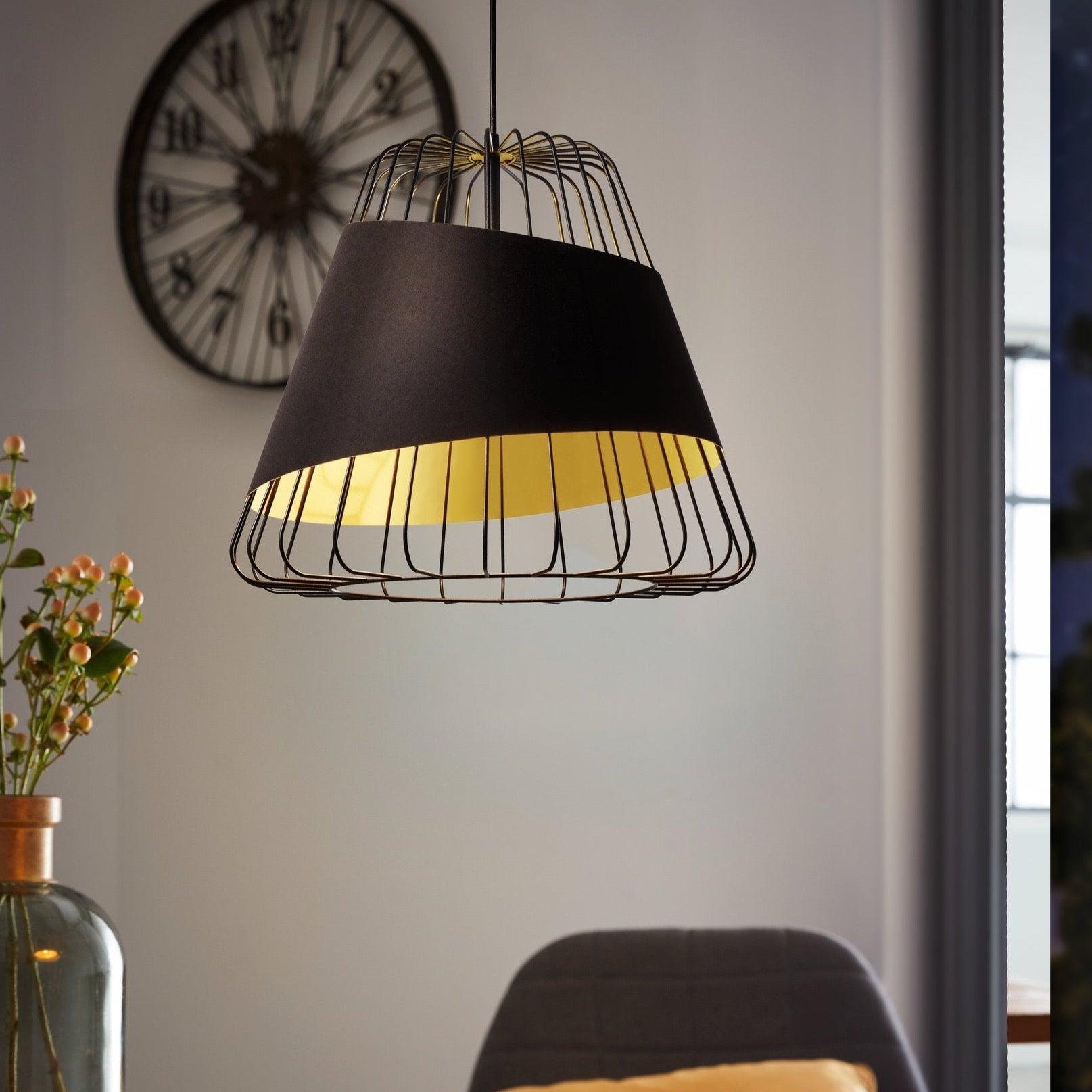 eglo austell black wire framed ceiling pendant 43cm living room close up