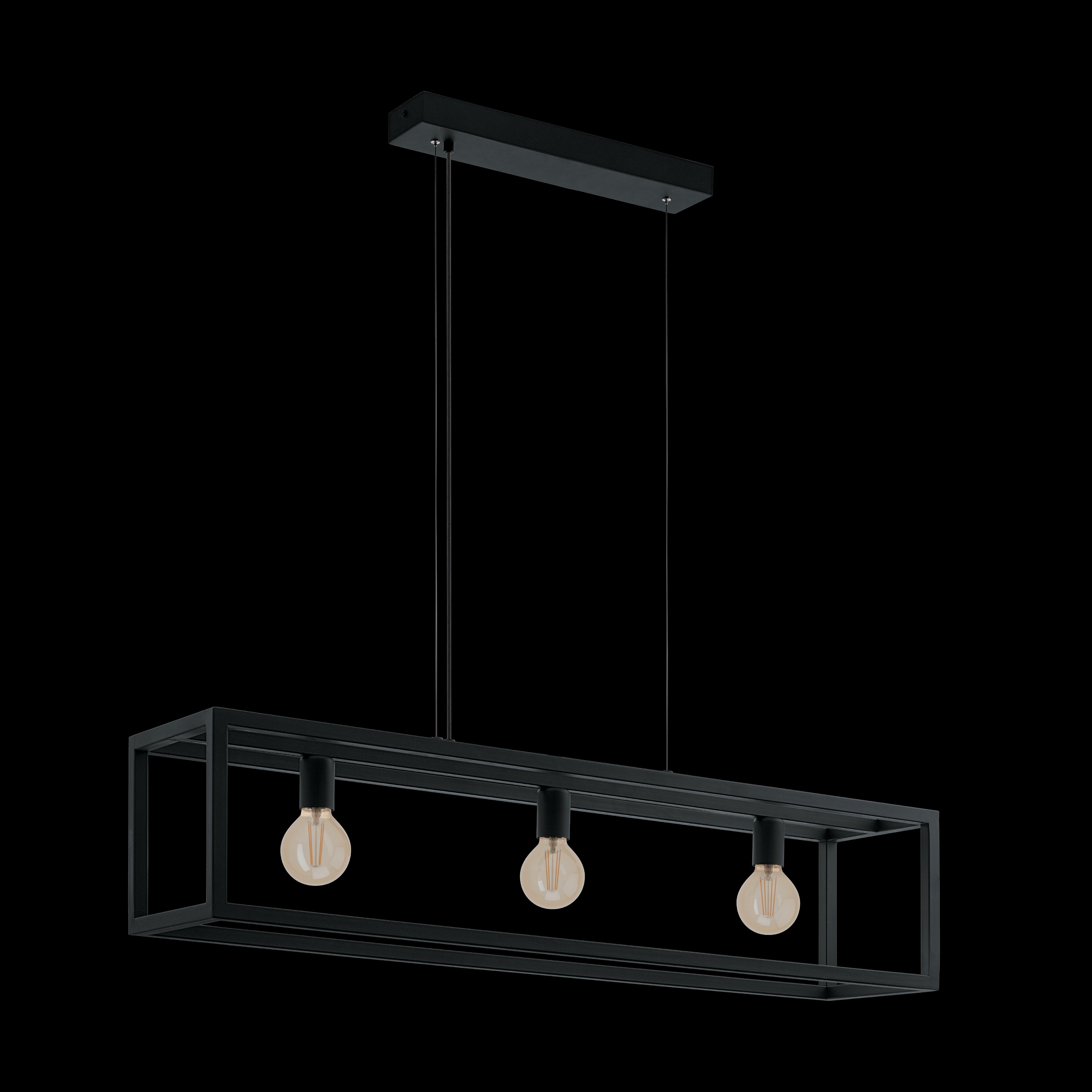 eglo elswick 3 light exposed black metal framed ceiling pendant living room close up