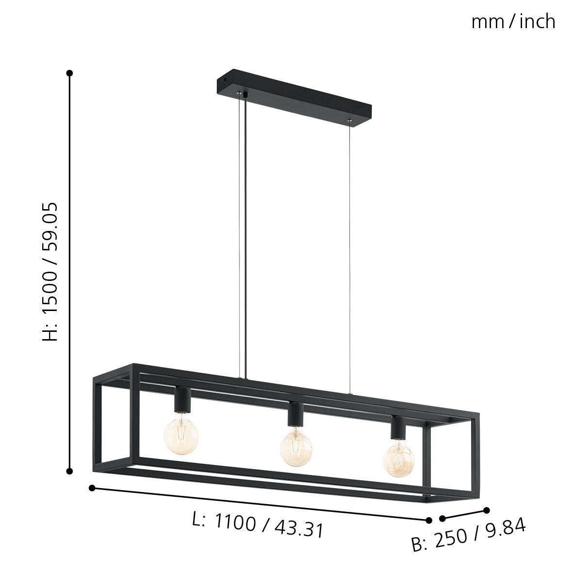eglo elswick 3 light exposed black metal framed ceiling pendant Kitchen Lighting Close Up