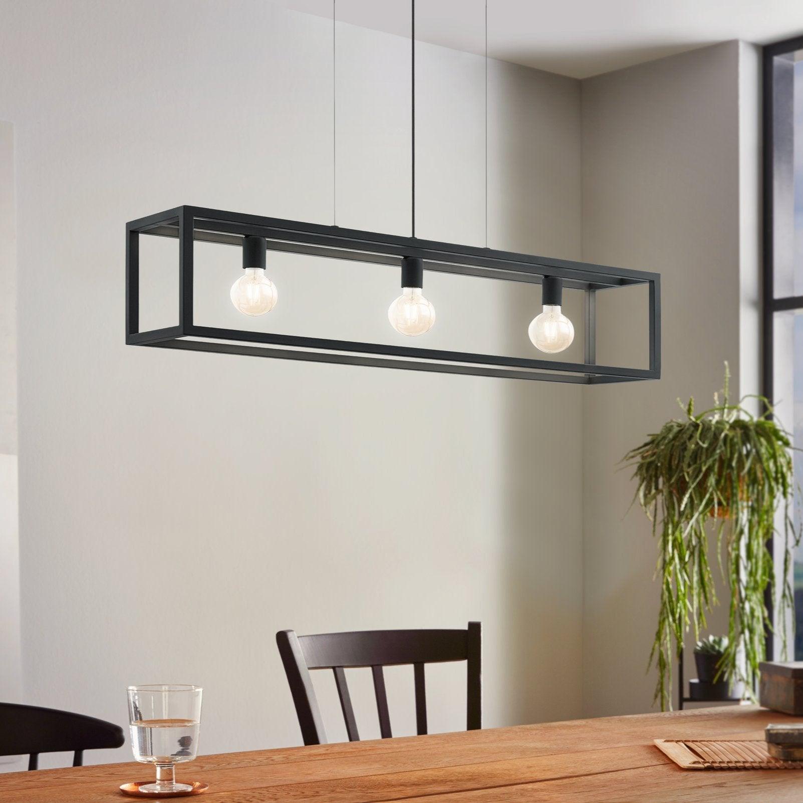 eglo elswick 3 light exposed black metal framed ceiling pendant living room image