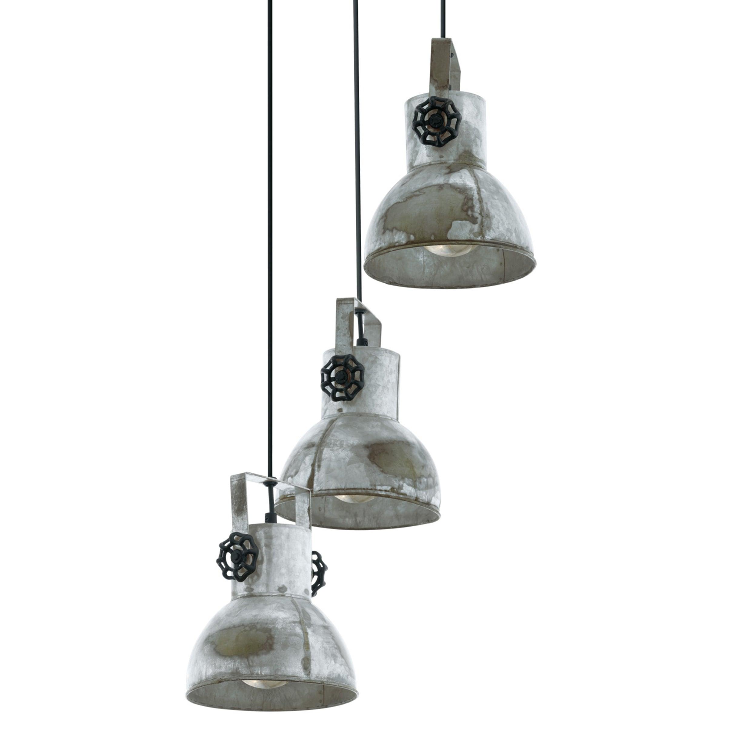 eglo barnstaple 3 light distressed steel ceiling pendant living room close up