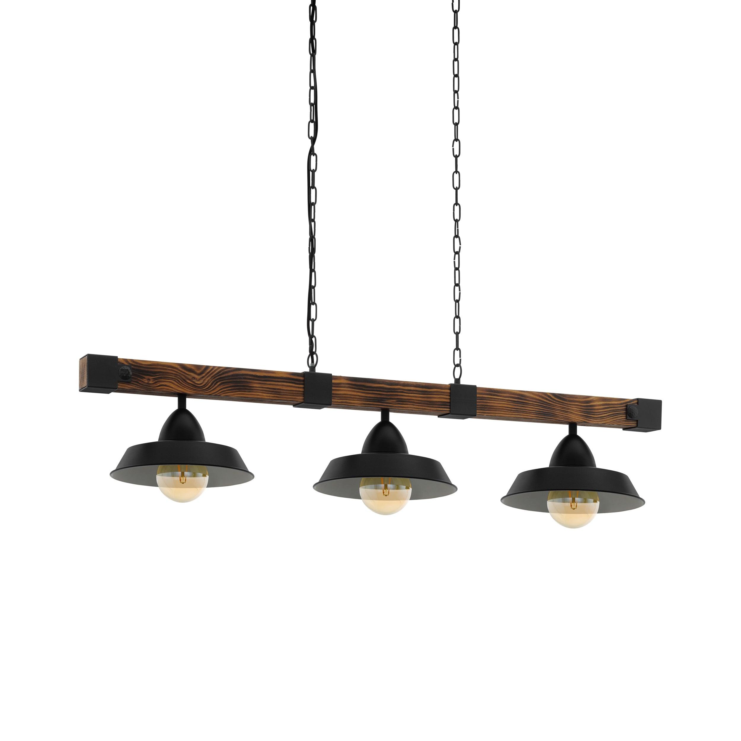 eglo oldbury 3 light burt wood black shaded ceiling pendant living room close up