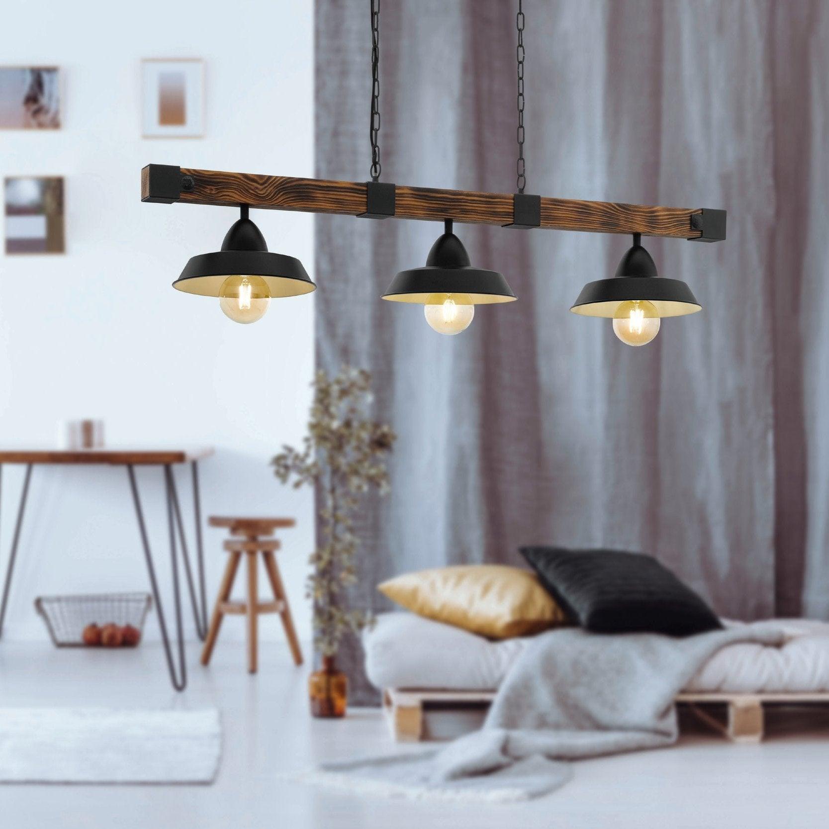 eglo oldbury 3 light burt wood black shaded ceiling pendant hallway lighting 