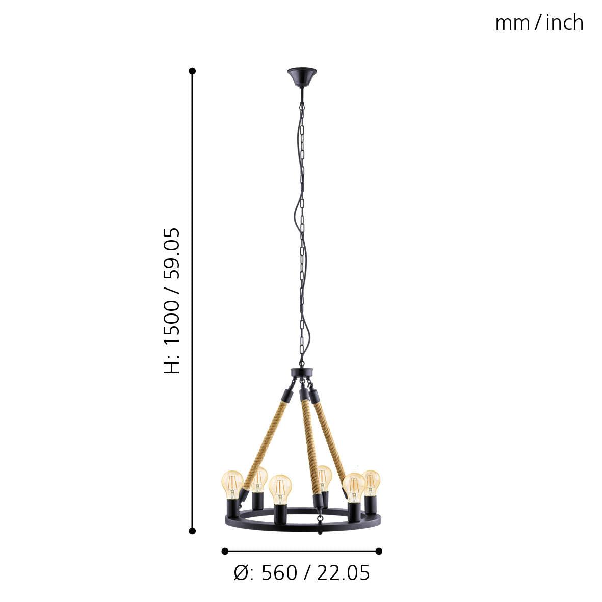 eglo findlay 6 light black metal rope ceiling pendant living room image