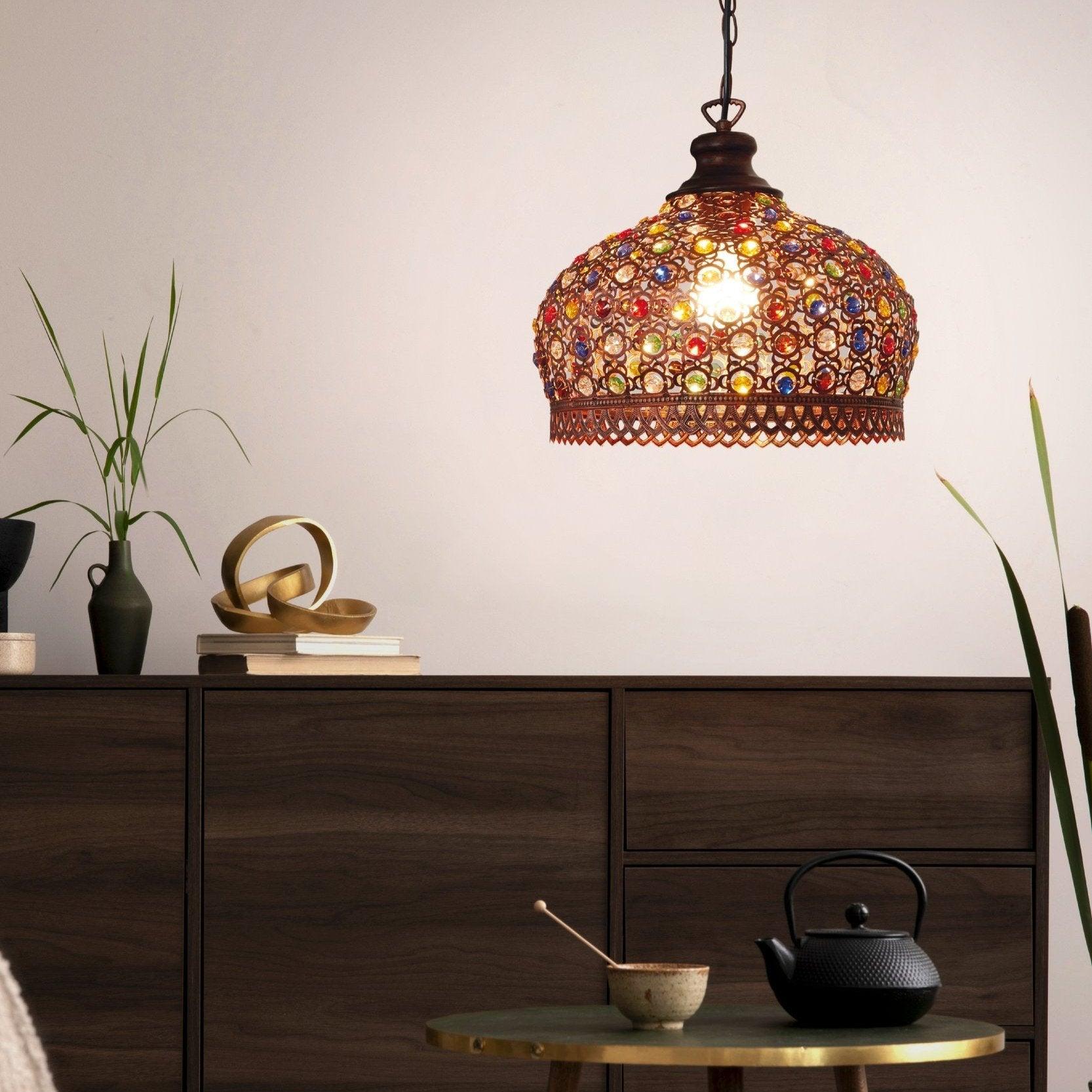 eglo jadida antique copper ceiling pendant colourful glass stones living room image