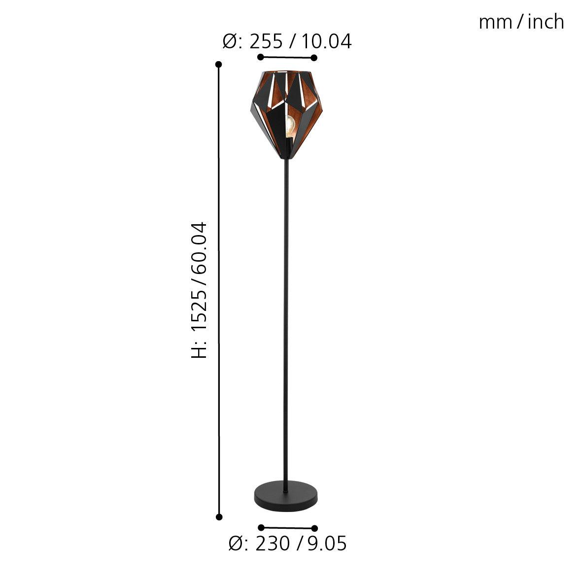 eglo carlton 1 black copper floor lamp diamond shaped shade living room close up