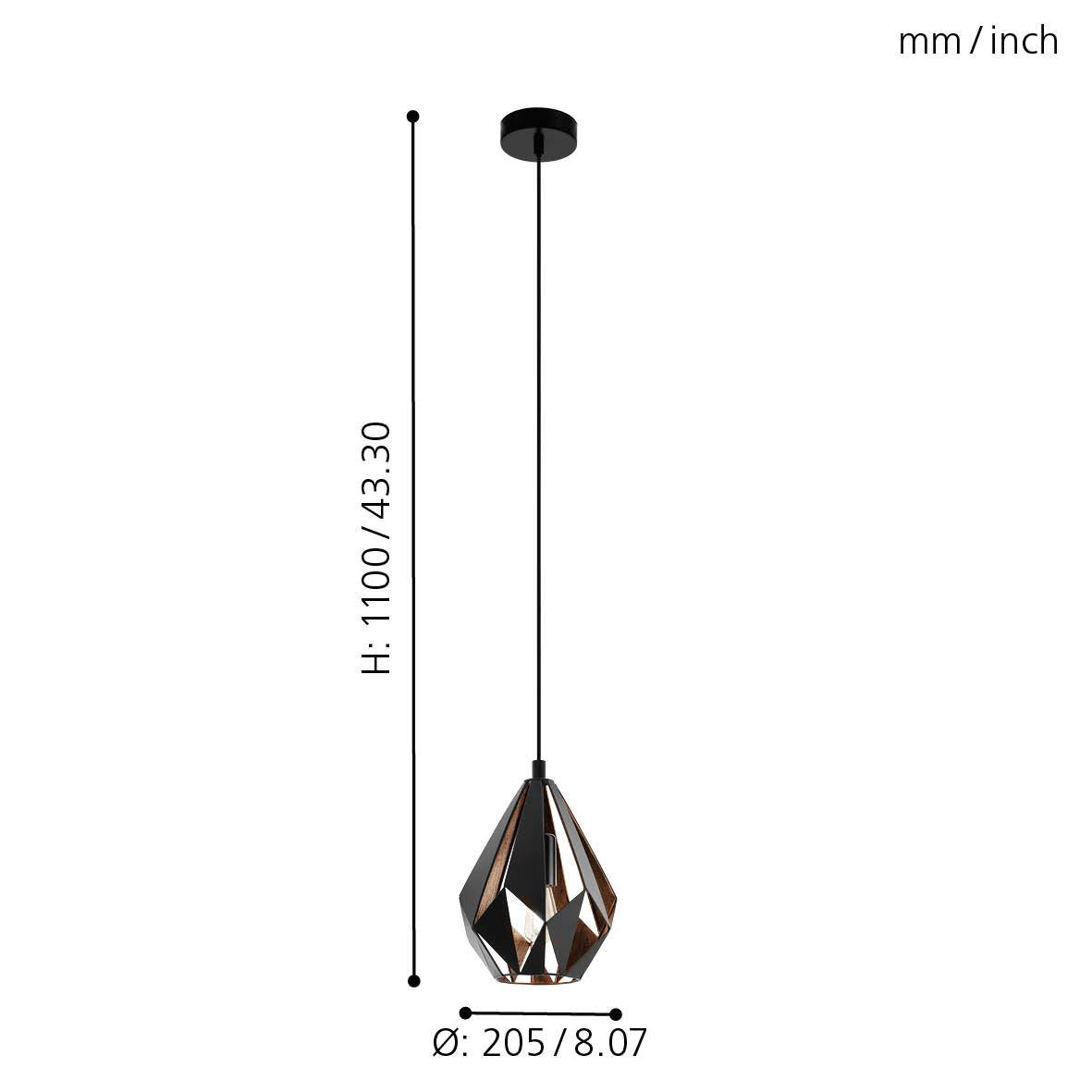 eglo carlton 1 black copper metal ceiling pendant living room close up