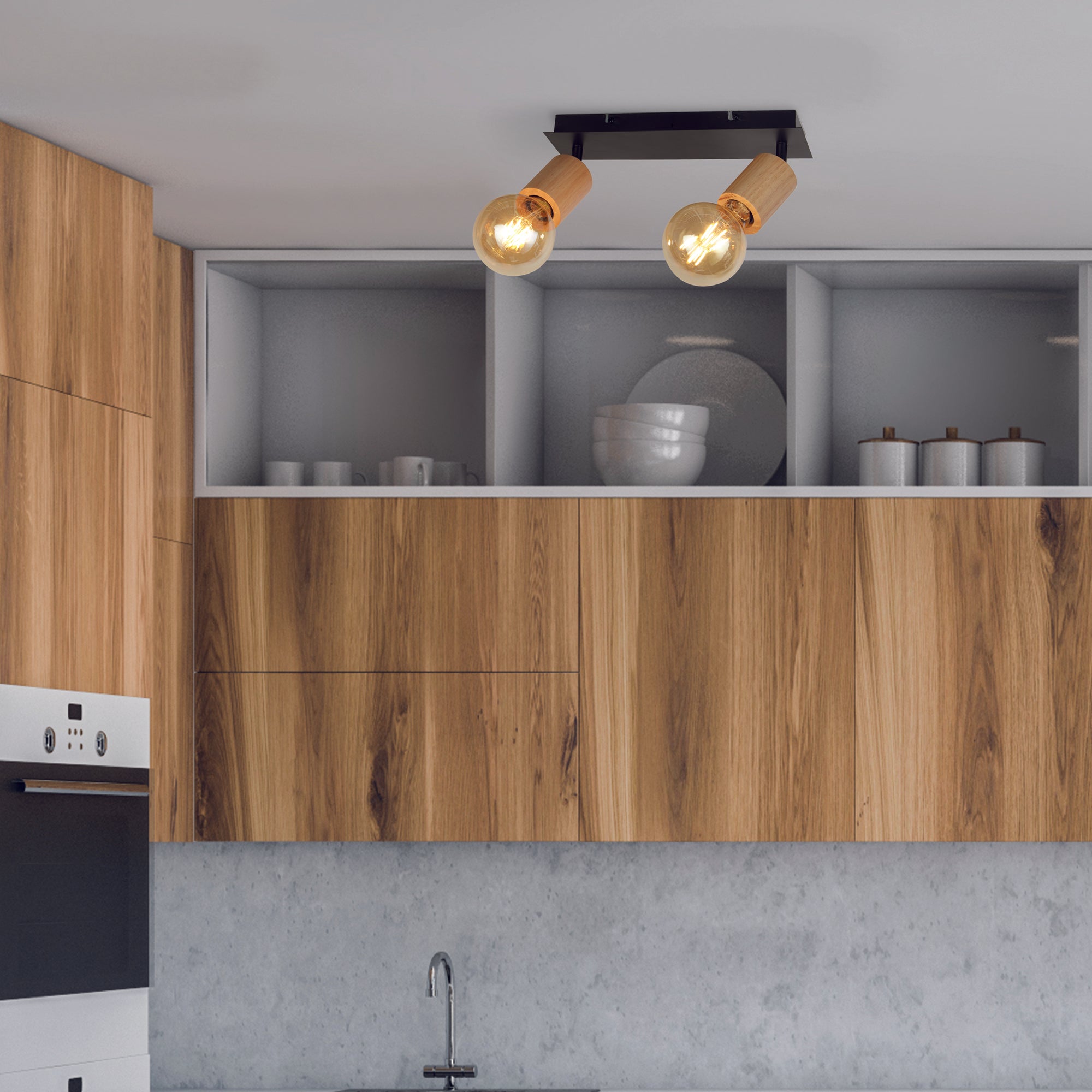 Searchlight Spinny 2 Light Wood & Black Spotlight