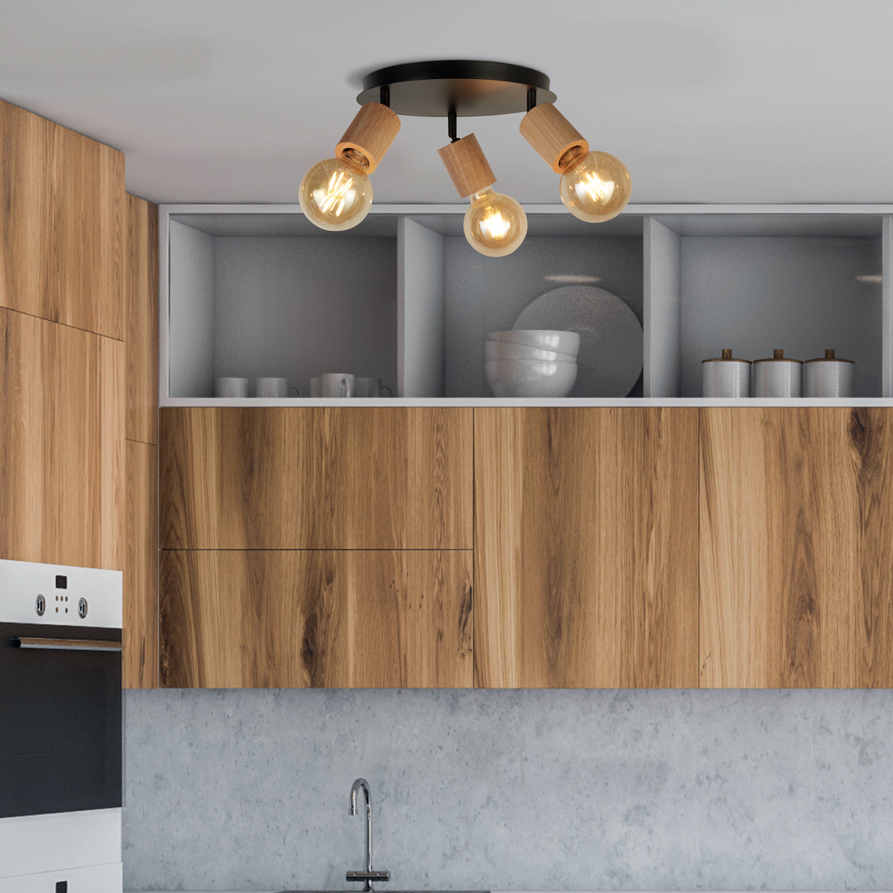 Searchlight Spinny 3 Light Wood & Black Round Spotlight