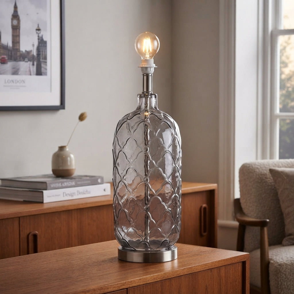 Oaks Lighting Pesa Smoked Glass Touch Table Lamp by Oaks Lighting — suits living rooms, bedrooms & offices