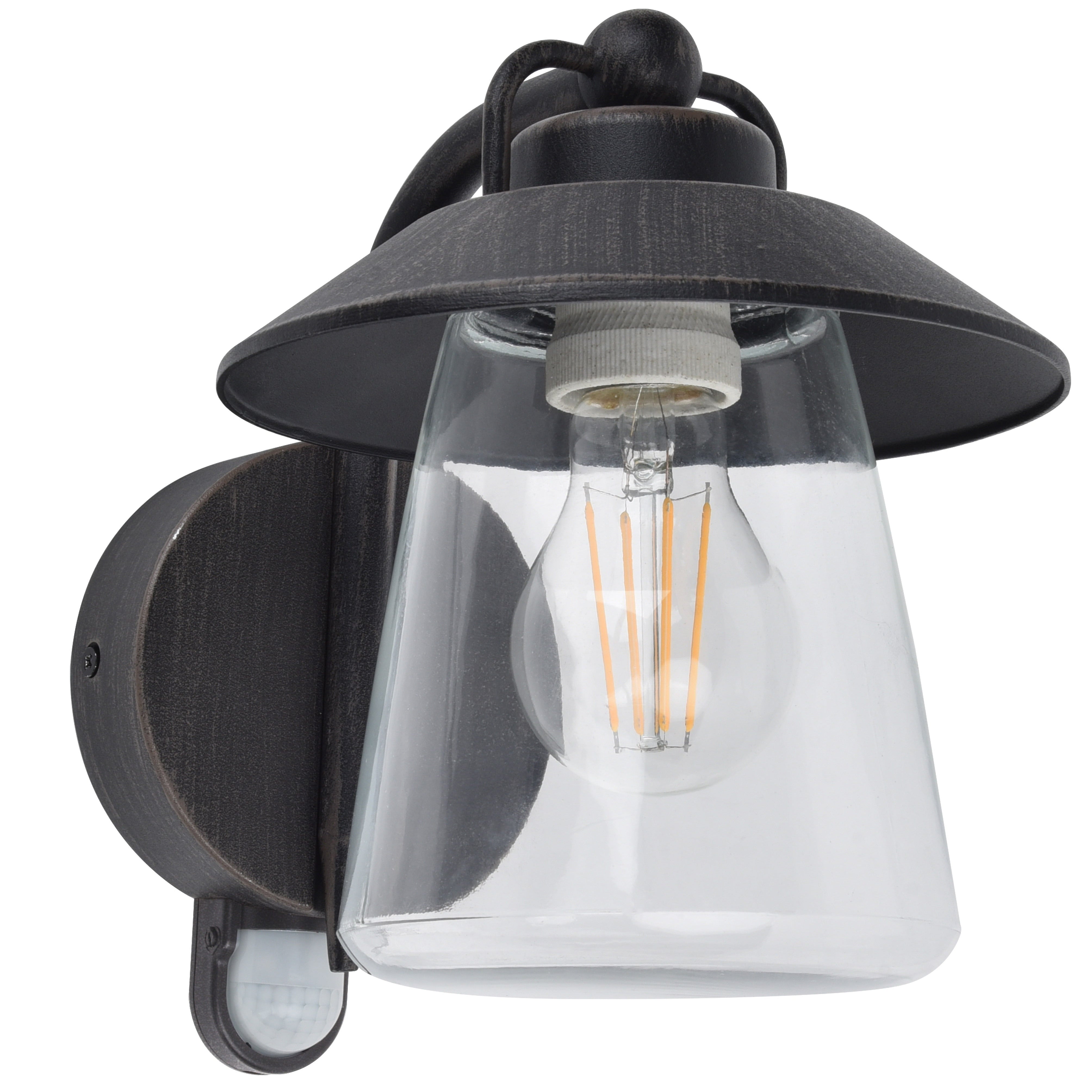 Outdoor wall light fixture with clear glass shade and black metal housing on a white background