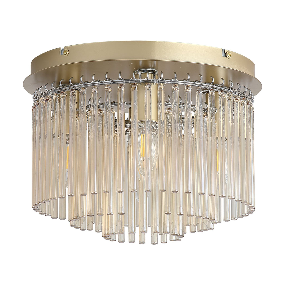 Swizzle gold flush ceiling light unlit on white showing layered champagne glass rods