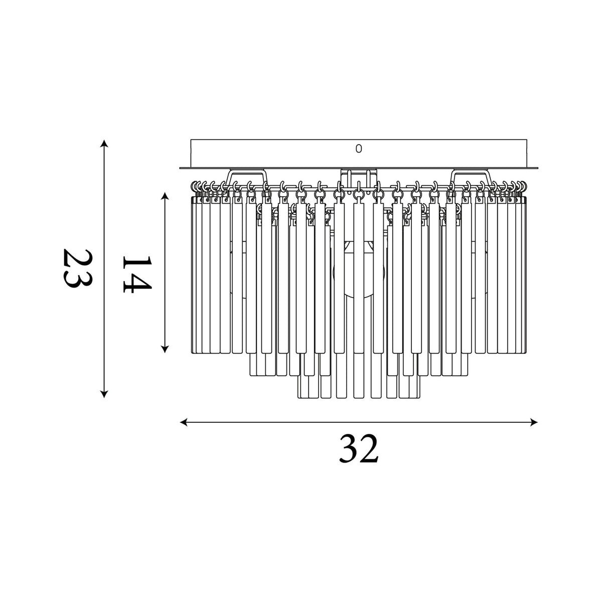 Dimension diagram of the Swizzle, Gold & Champagne, Flush Ceiling Light - Glass Rods with height and width in cm.