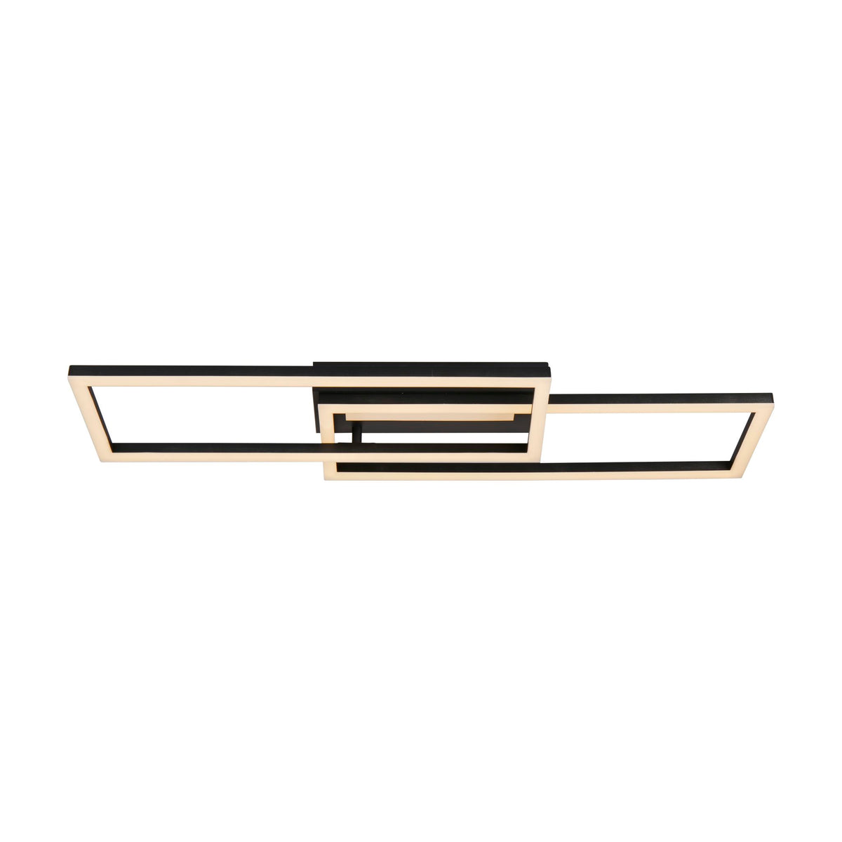 Ovaloid matt black flush ceiling light with two interlocking lit rectangular LED frames