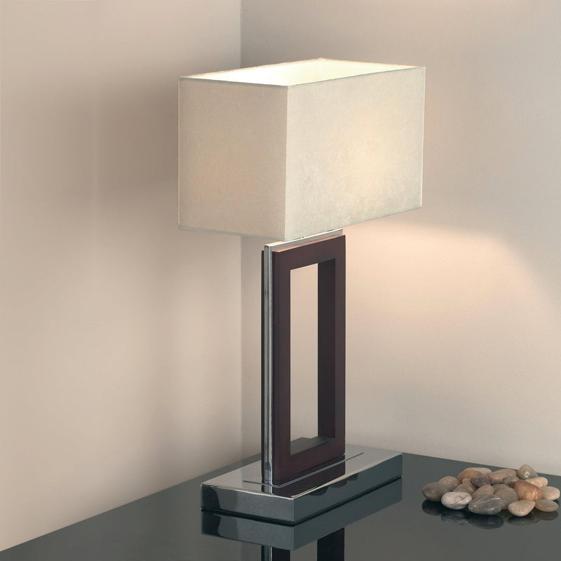 Endon Portal Dark Wood And Cream Faux Suede Table Lamp Lifestyle picture With Light On