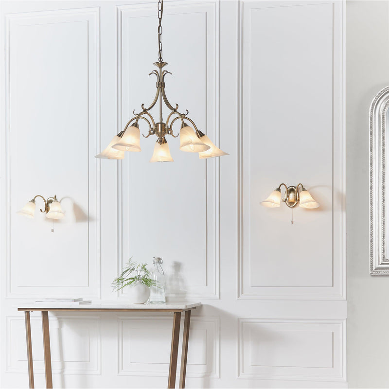Endon Hardwick Antique Brass Finish Twin Arm Wall Light & Ceiling Light in a Lifestyle Shot