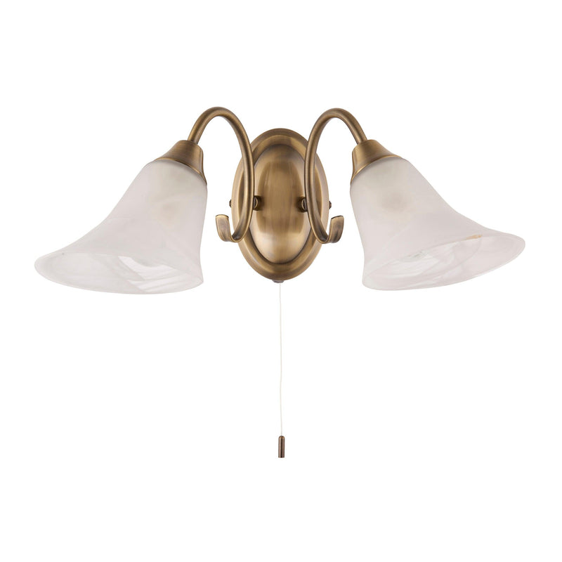 Endon Hardwick Antique Brass Finish Twin Arm Wall Light White Background With Lights Off