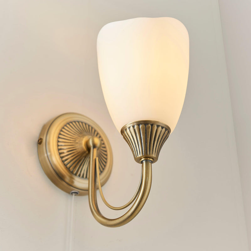 Endon Haughton Antique Brass Finish Single Arm Wall Light - Close Up With Light On
