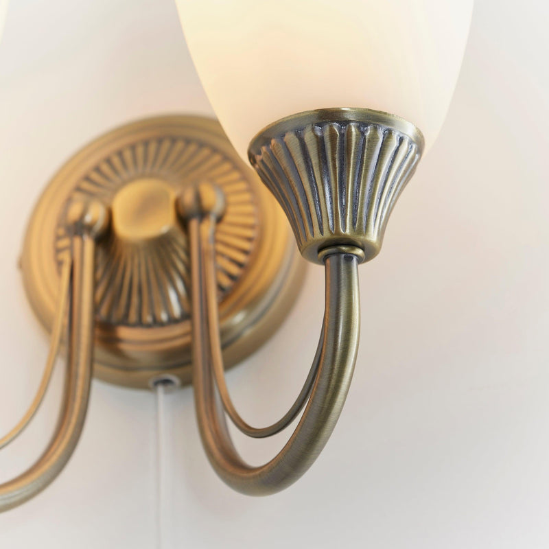 Endon Haughton Antique Brass Finish Twin Arm Wall Light Close Up Showing Arm Detail