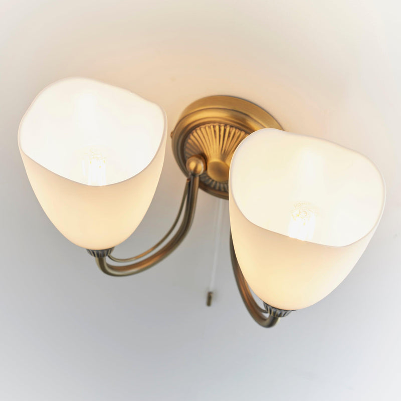 Endon Haughton Antique Brass Finish Twin Arm Wall Light Close Up Showing Shades and Lamps From Above