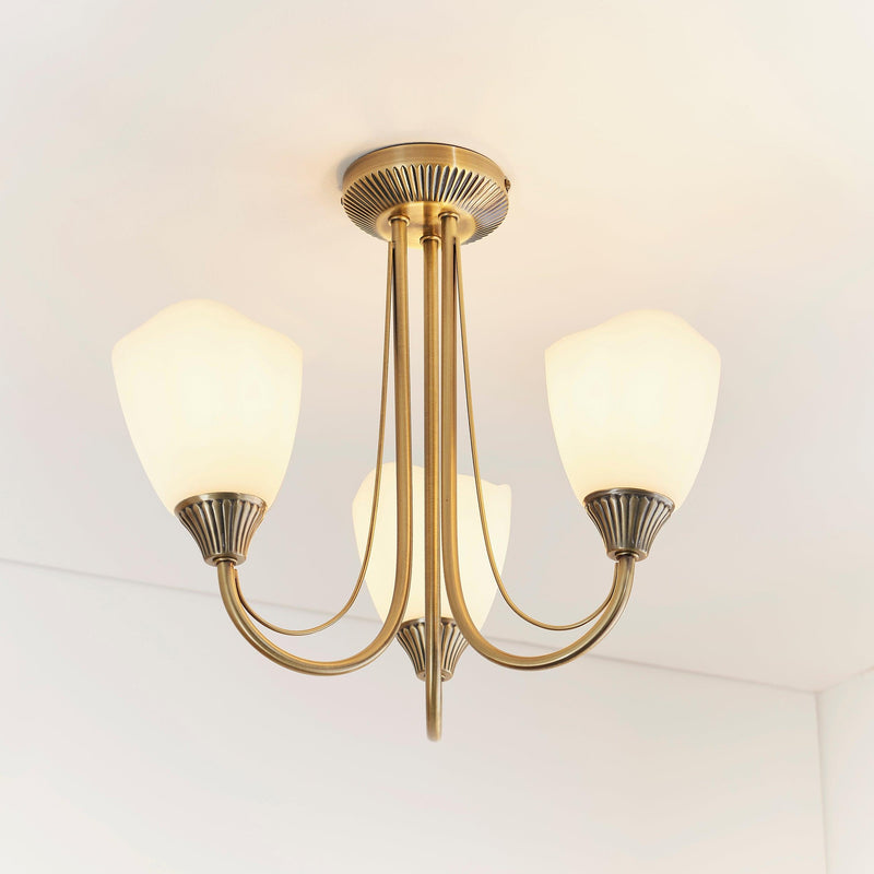 Endon Haughton Antique Brass 3 Light Semi Flush Ceiling Light - Celing Shot With Lamps Lit