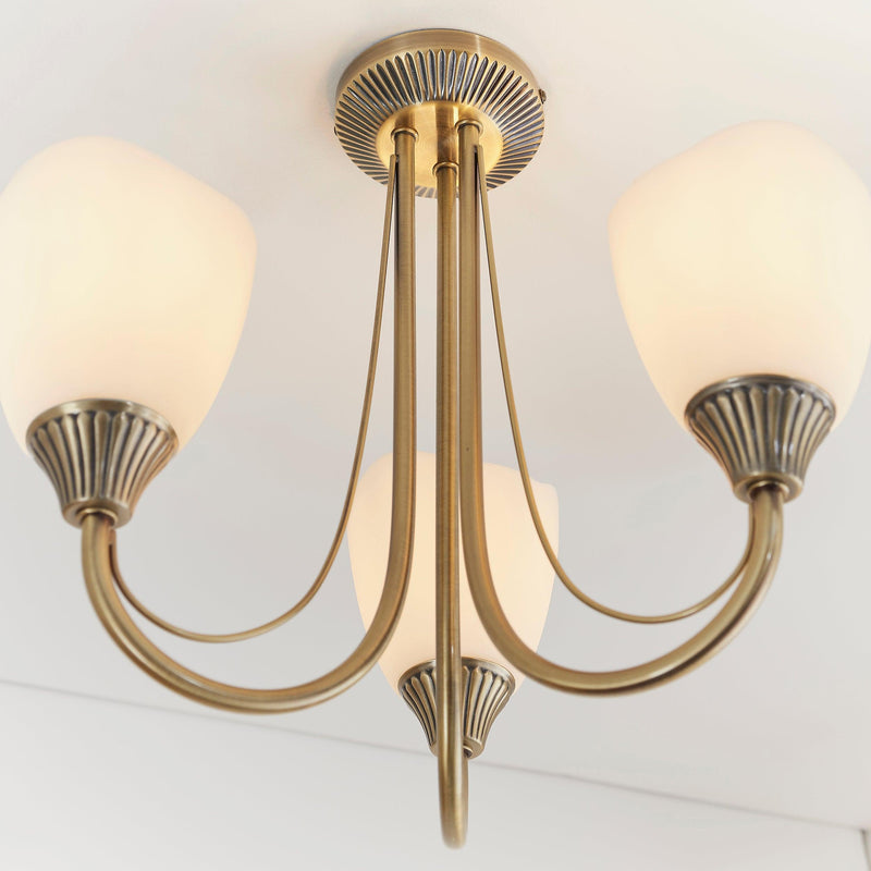 Endon Haughton Antique Brass 3 Light Semi Flush Ceiling Light - Close Up Turned On