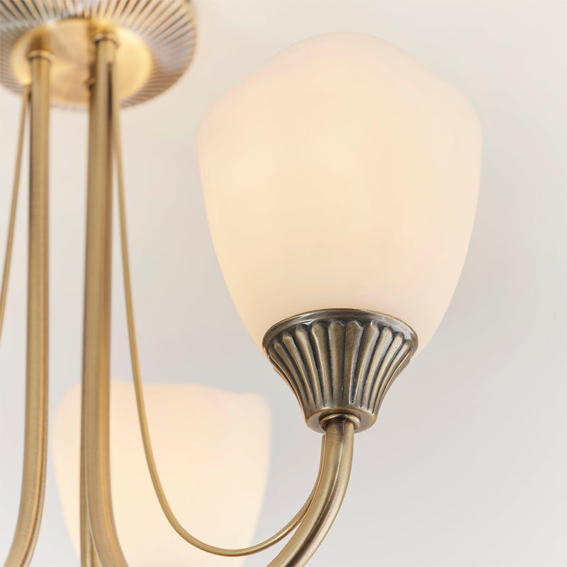 Endon Haughton Antique Brass 3 Light Semi Flush Ceiling Light - Shade Lit Close Up
