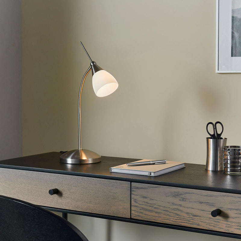 Endon Range Satin Chrome Finish & White Glass Table Lamp Lifestyle Image With Lamp on a Desk